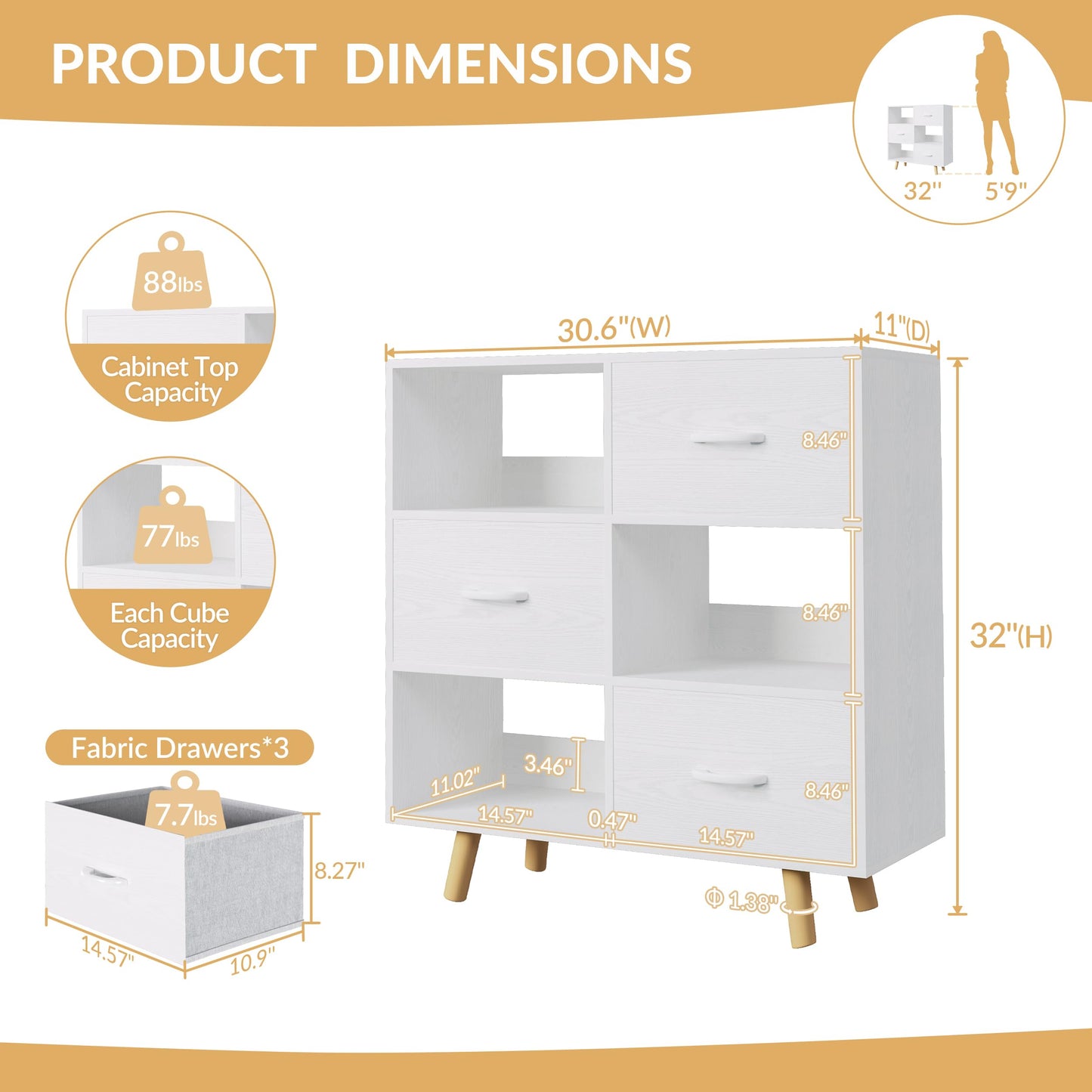 ELYUP Bookcase with Fabric Storage Bins - 6 Cube Organizer Display Bookshelf for Home Office, White