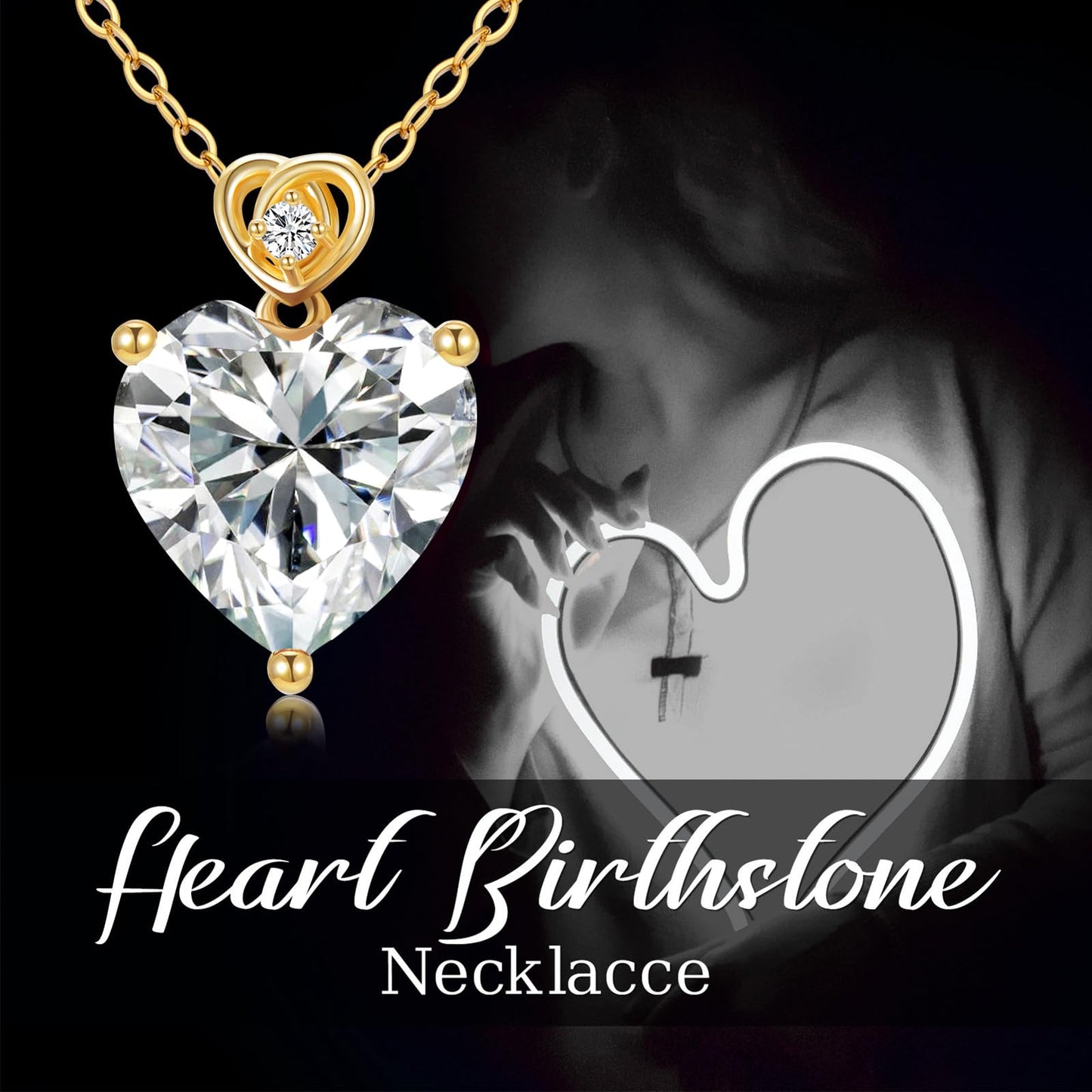 NFYBD 14k Gold Love Heart Gemstone Birthstone Pendant Necklace for Women 3 Carat Heart-cut Created Gemstone Anniversary Birthday Mother's Day Necklaces for Her 16+1+1 inch-Apr