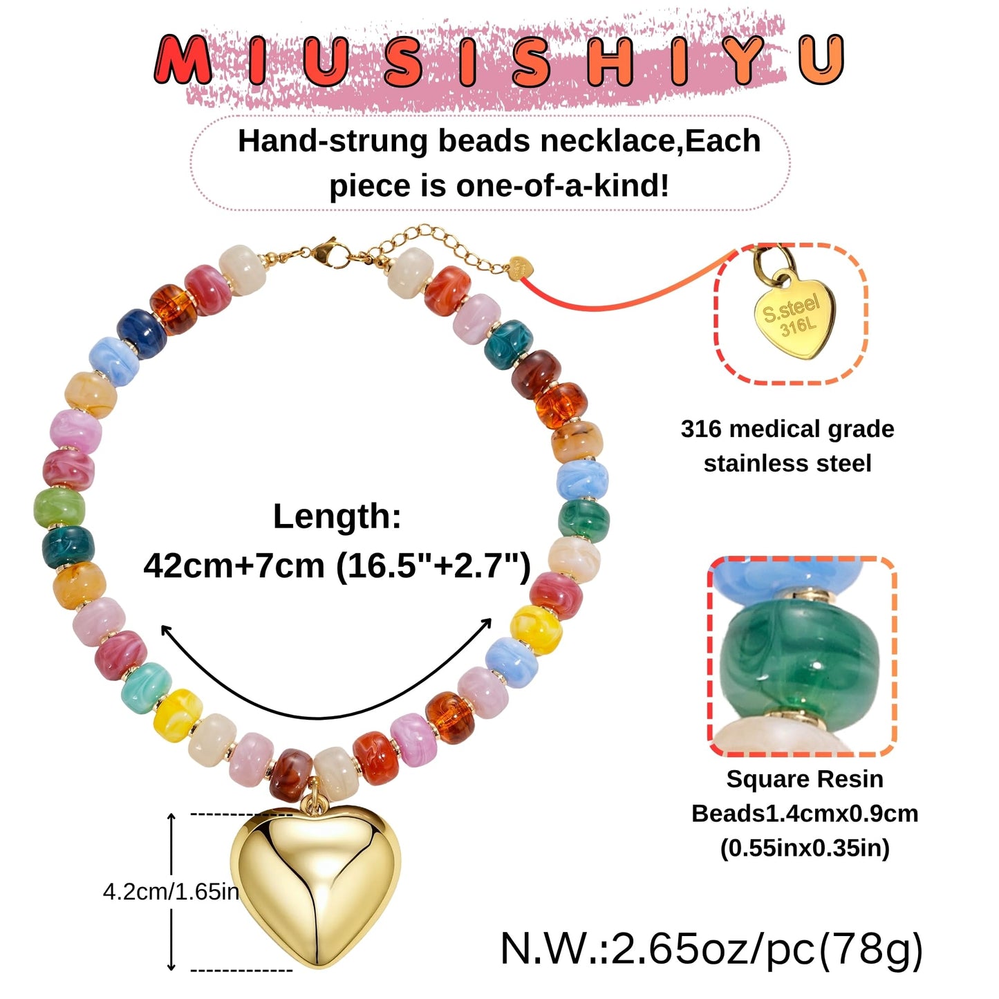 MIUSISHIYU Colorful Faux Tourmaline Resin Chunky Necklaces for Women, Trendy Beaded Puffy Gold Heart Pendant Statement Choker, Lightweight Boho Y2K Summer Beach Jewelry