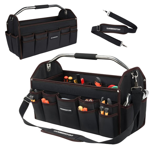 16 In Tool Carrier, Open Top Tool Tote 30 Pockets, Waterproof Tool Bag For Men, Foldable Wide Mouth Electricians Tool Bag, With Stainless Steel Handle and Removable Shoulder Strap