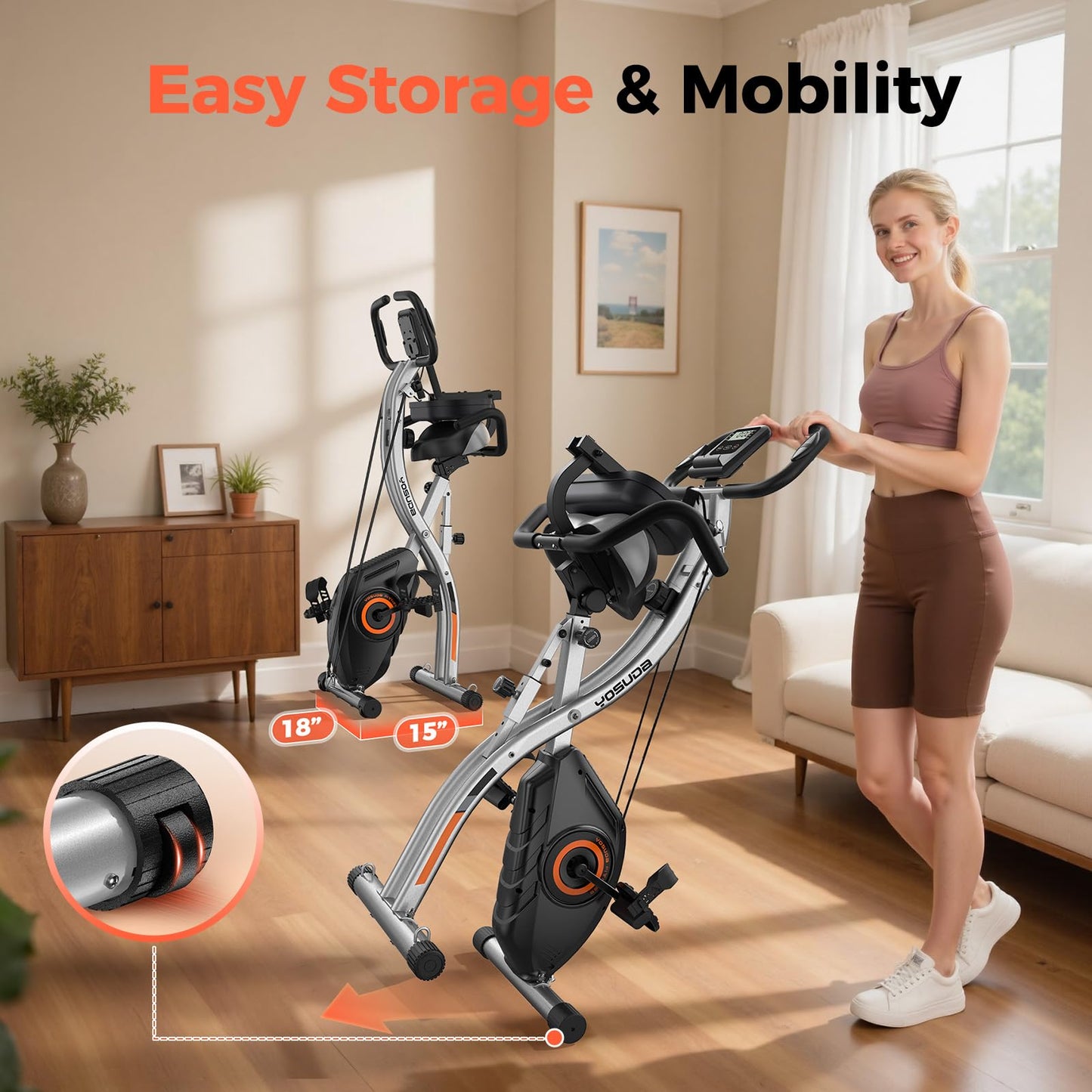 YOSUDA Exercise Bike, 5 in 1 Folding Exercise Bike for Seniors 330lbs Capacity, Magnetic X-Bike with 16-Level Resistance, Back Support Cushion for Home Gym Workout