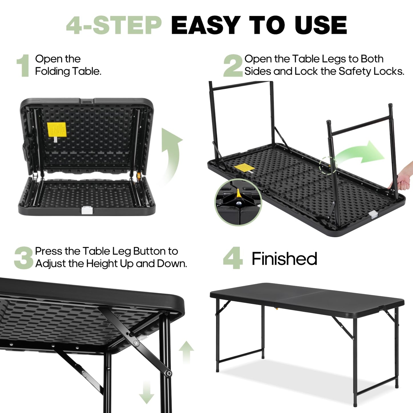 GlowitLian 4ft Folding Table with Adjustable Height, 3-Level Foldable Table with HDPE Top & Steel Legs, Portable 4 Foot Folding Table for Picnic, Party, Craft, Indoor Outdoor Use, Black