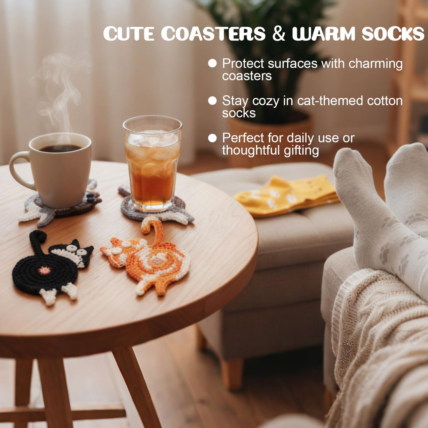 Cat Lover Gift Set for Women, 25 Pack with Tote Bag, Socks, Pens, Sticky Notes, Paper Clips and Crochet Coasters, Teacher Appreciation Gifts for Women, End of School Year