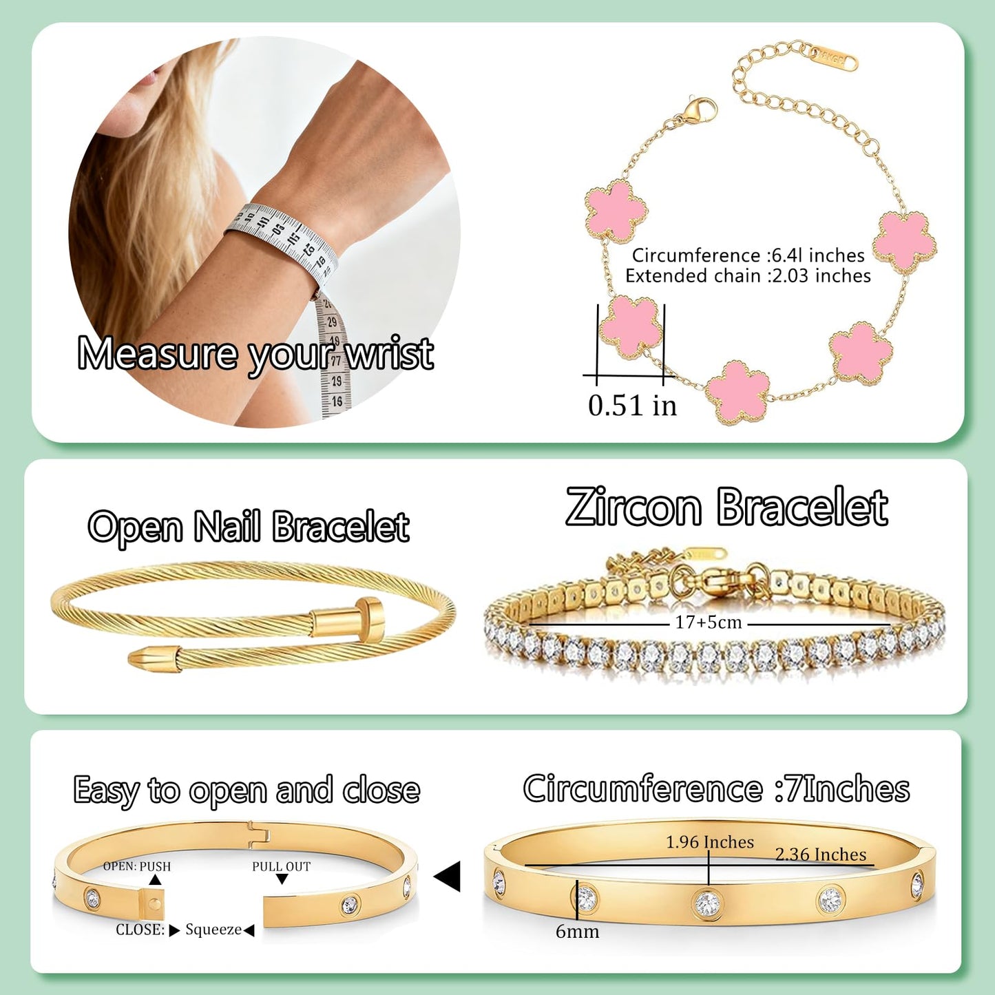 Gold Bracelets for Women, 18K Gold Plated Women Tennis Bracelets Clover Nail Love Bangle Bracelet Set, Gold Bracelet Stackable Set Trendy Jewelry, Gifts for Women's Day and Mother's Day (02-Color-pink)