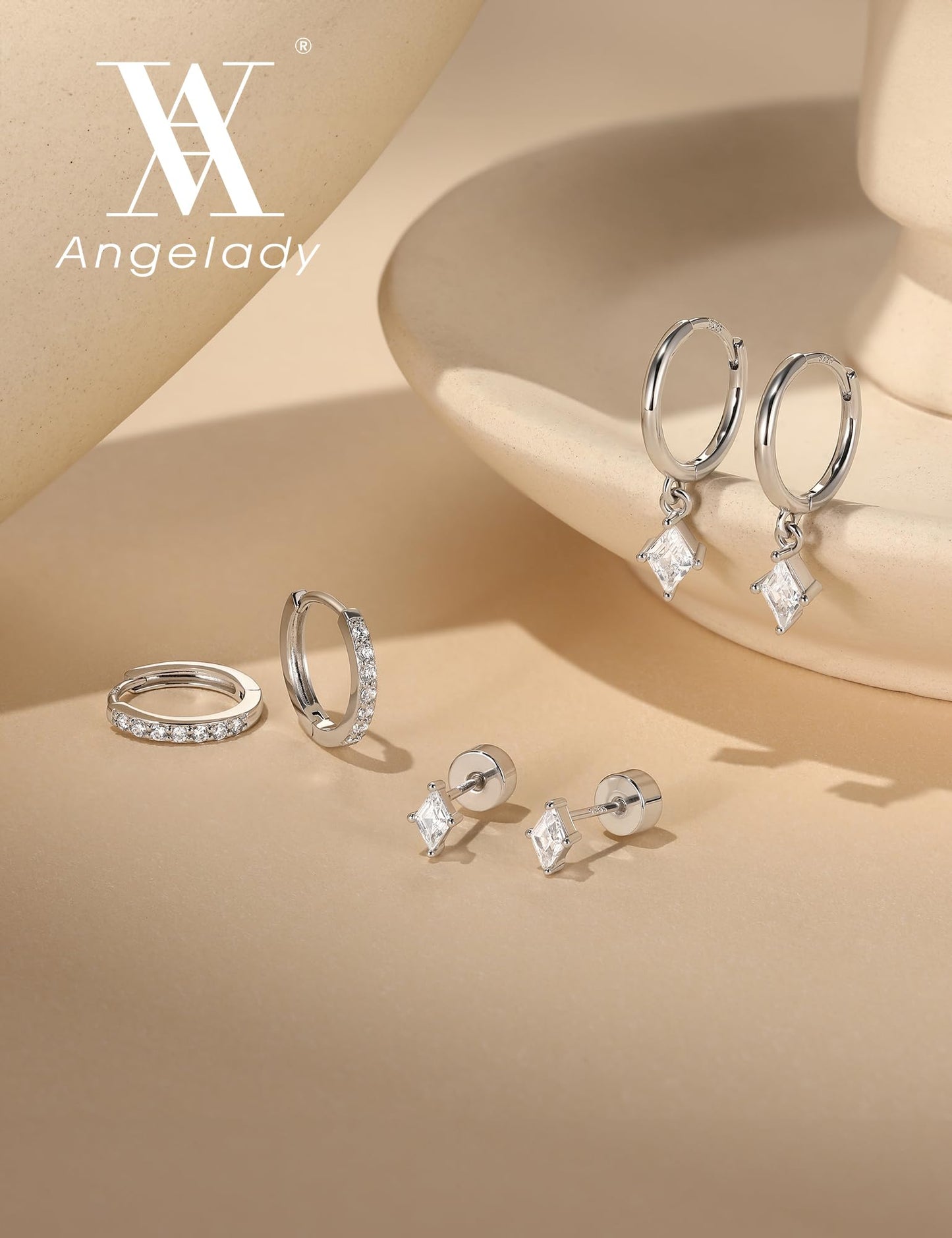3 Pairs 925 Sterling Silver Hoop Earrings Set for Women, Hypoallergenic Silver Earrings for Multiple Piercing, Dainty Flat Back Stud Dangle Earring Stacks for Women Trendy Non Tarnish Jewelry Gifts
