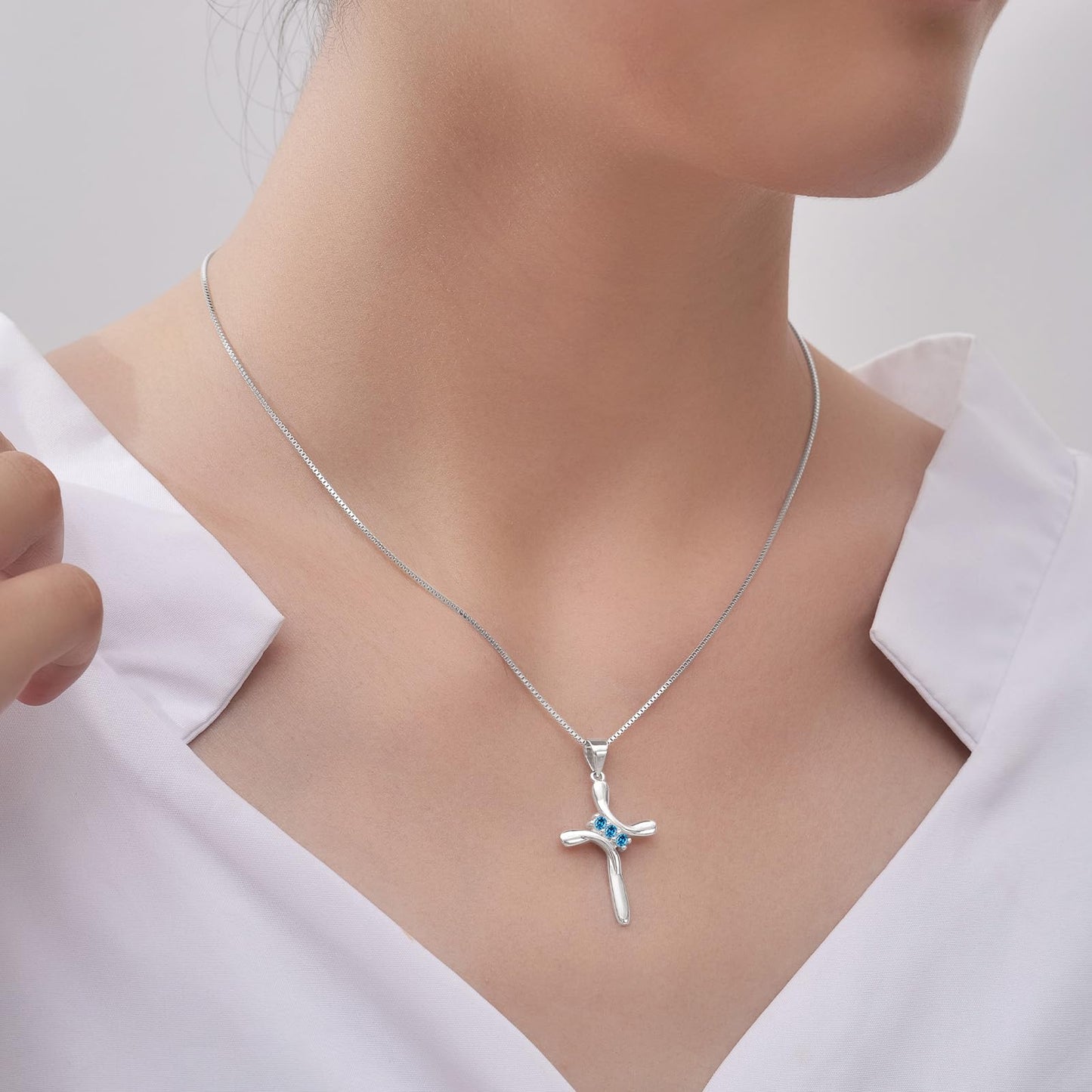 EVERU S925 Sterling Silver Cross Necklace for Women Birthstone Necklace with Cubic Zirconia 18K Gold Plated Cross Pendant Jewelry Ideal Gift Blue Topaz December