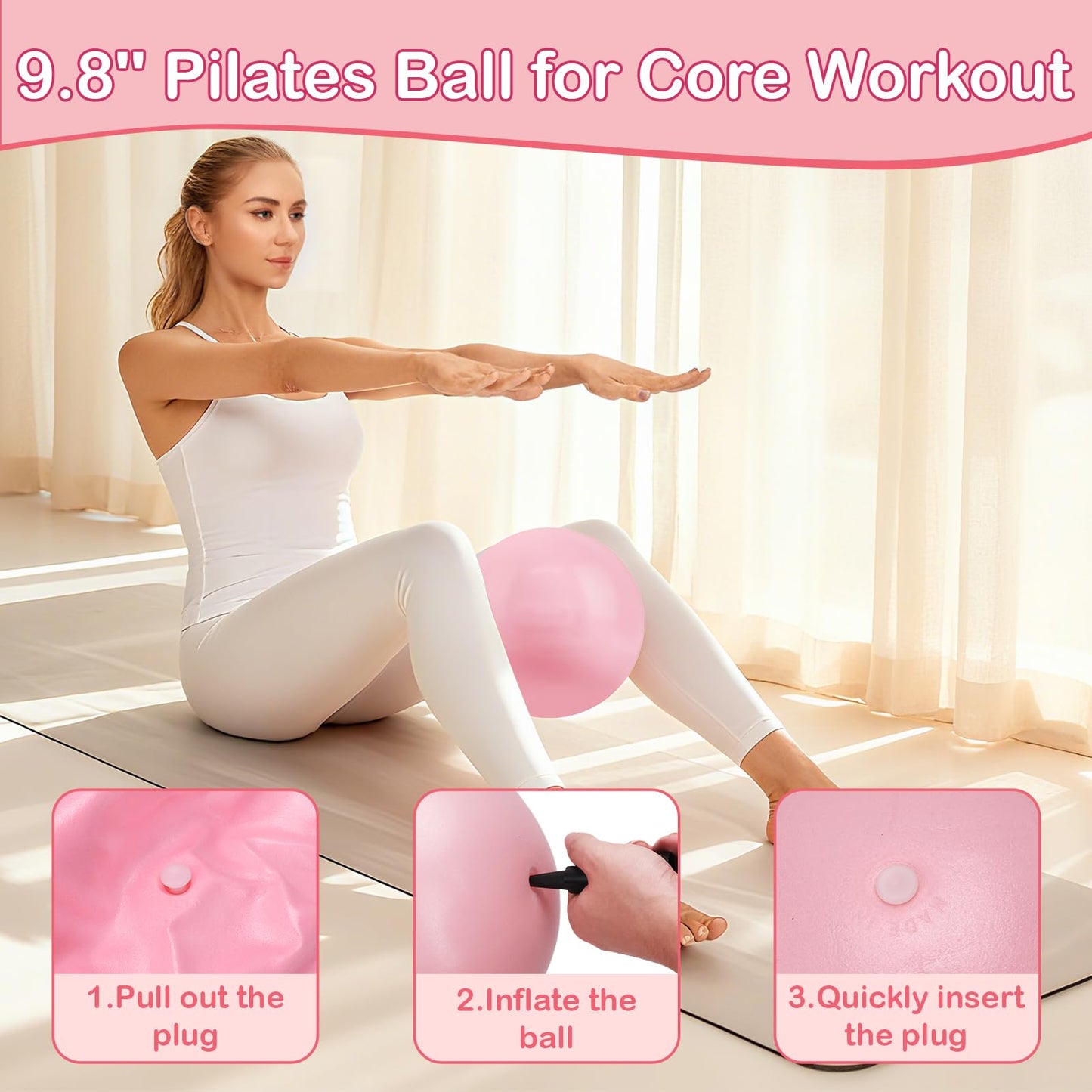 Hoedia Pilates Kit for Women, Pilates Equipment Ring and Ball Set with Resistance Bands, Yoga Strap, Core Sliders, Socks, Bag & Guide for Starter Home Workout Fitness Gym Essentials, Pink