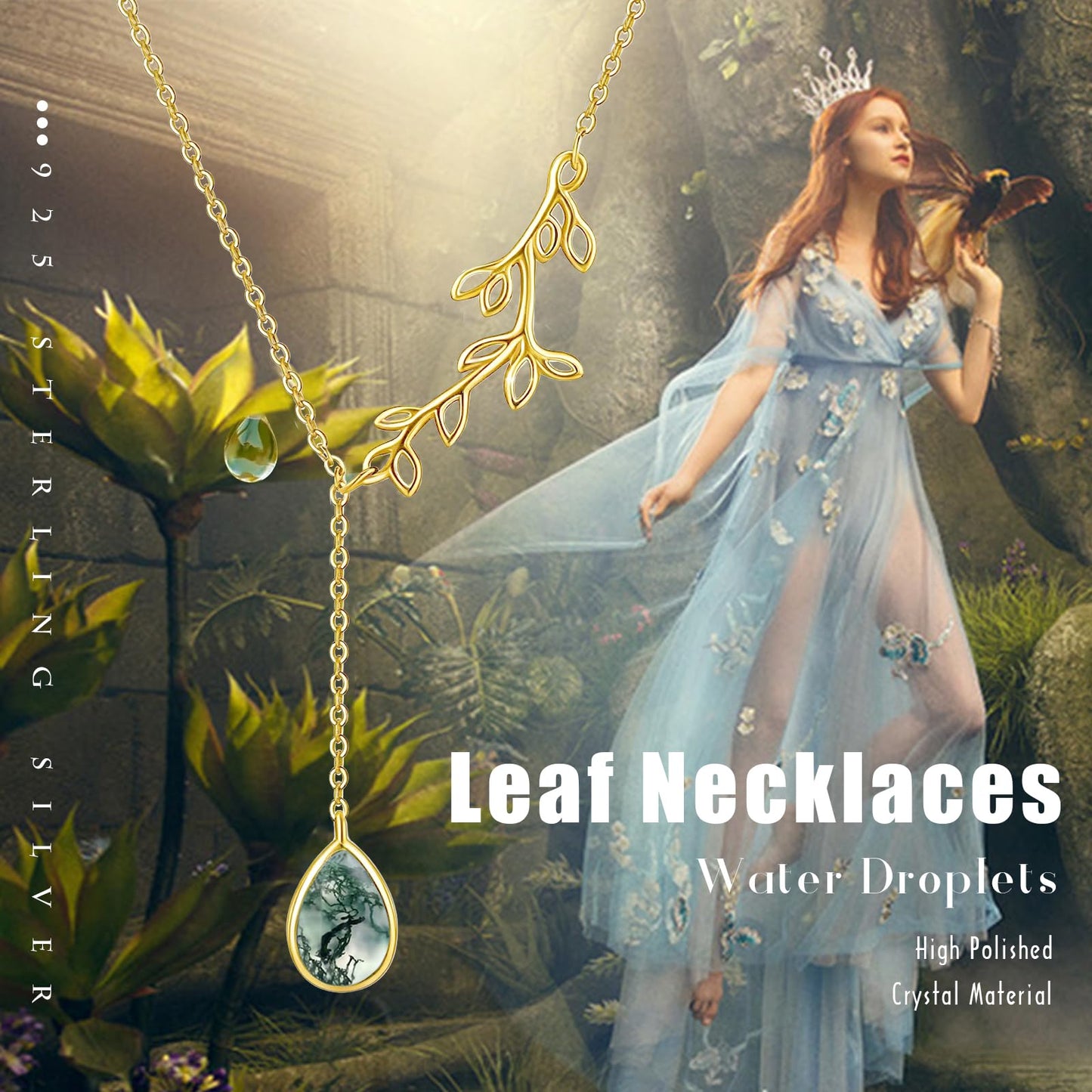 Silikepa Leaf Necklace for Women 925 Sterling Silver Gold Leaf Pendant Necklace Y Chain with Moss Agate Jewelry Gifts for Women