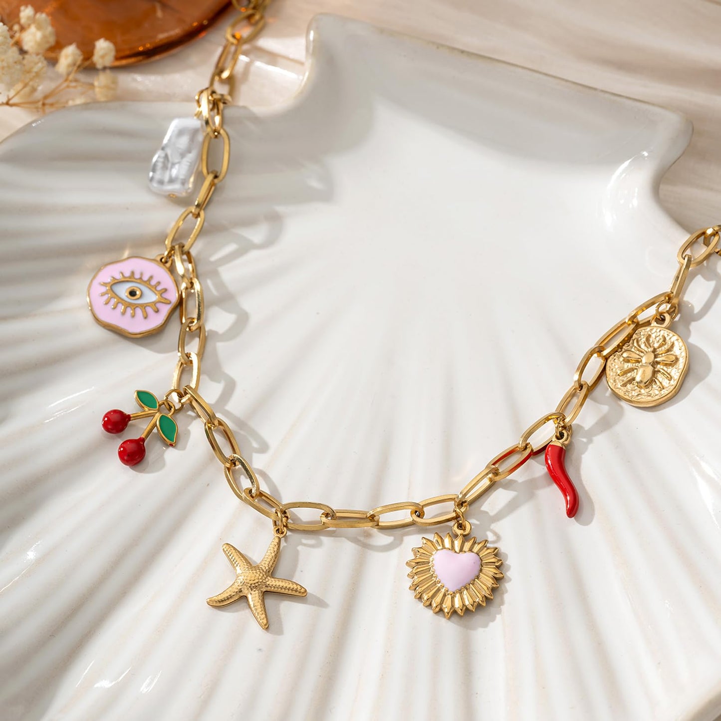 Trendy Stainless Steel Gold Plated Charm Necklace with Heart Pearl Pepper Conch Ceramic Pendant Necklace for Women Collares Chokers Jewelry (Star)