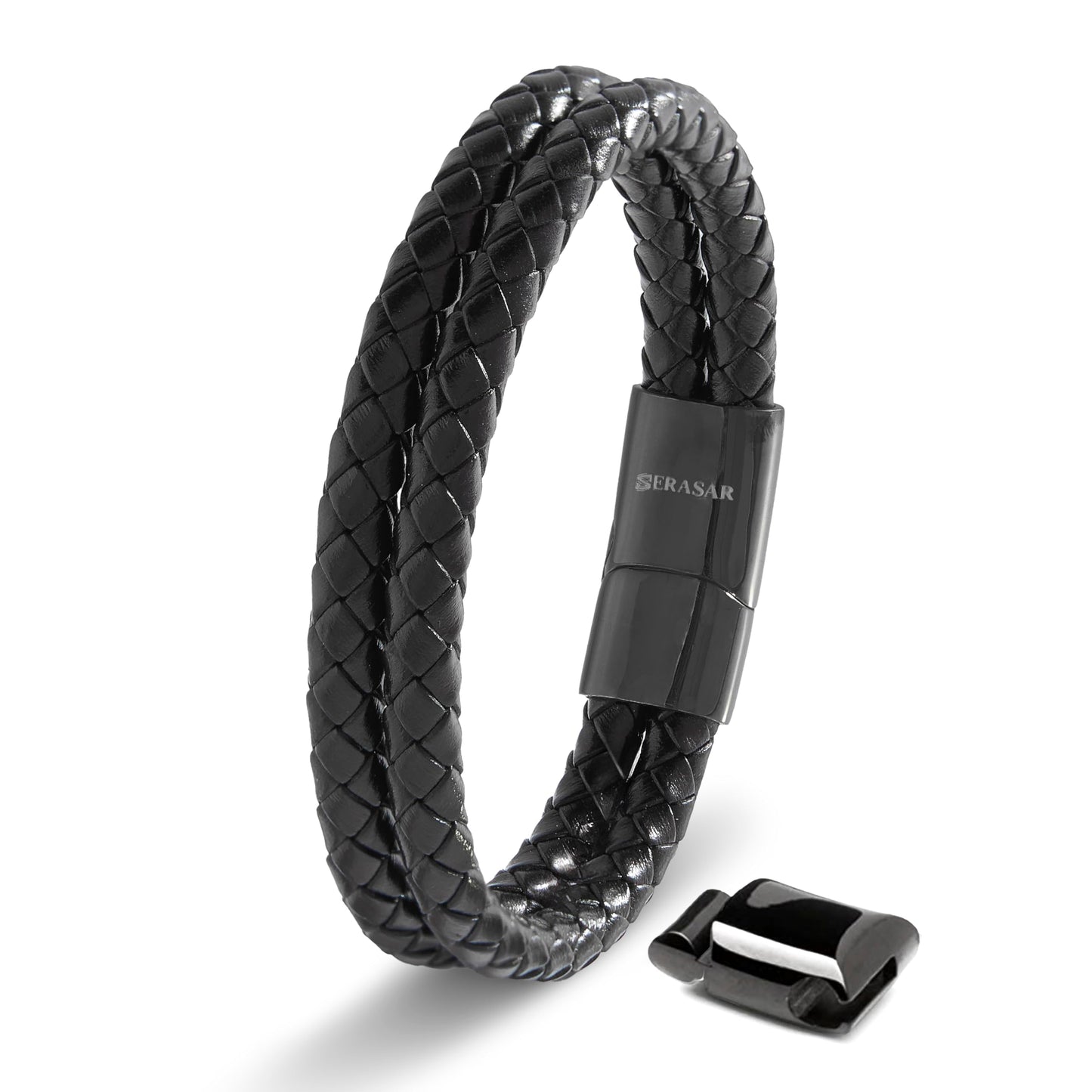 SERASAR Leather Bracelet Black 17cm Men Gift Box Genuine Cowhide Braided Adjust Able Magnetic Clasp Jewellery Arm band Mans Male Bracelets Jewelry Magnet Accessories