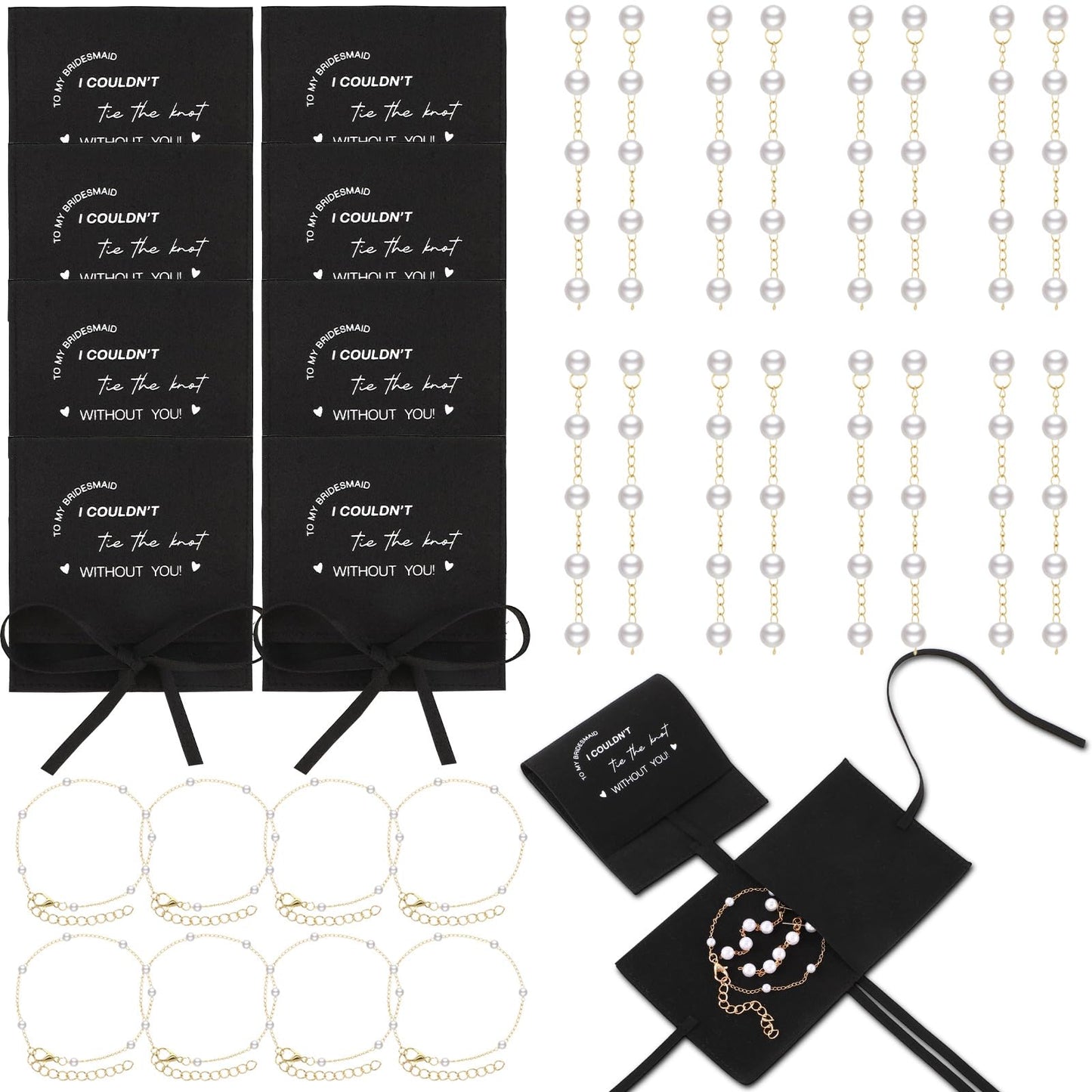 Liliaafar 24 Pcs 8 Set Jewelry Bridesmaid Gift Pearl Set Pearl Bracelet & Earrings, Jewelry Pouch with Bow Tie I Couldn't Tie The Knot Without You Wedding Bridal Shower Party Favor(Black)