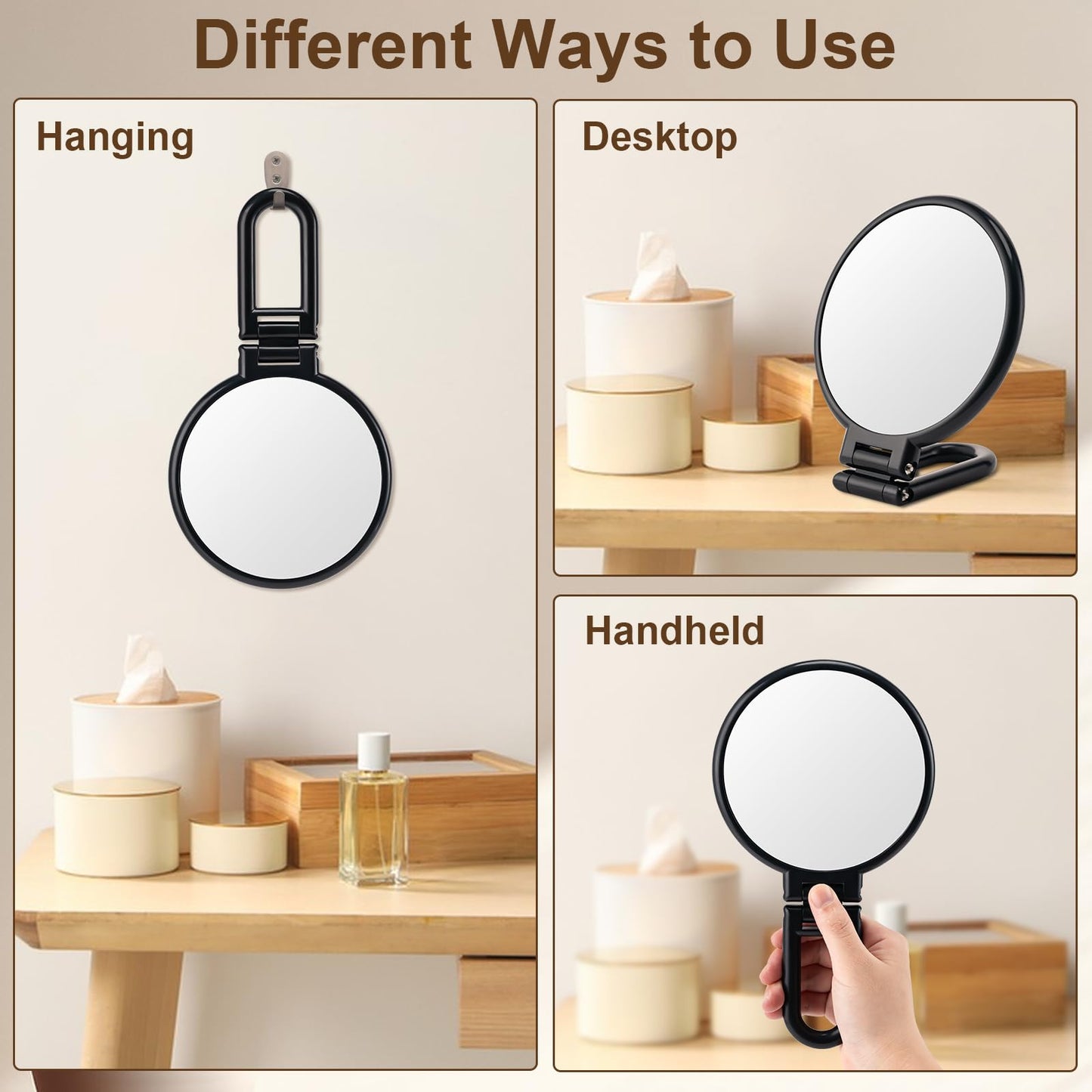 BOOMIBOO 1X/10X Magnifying Handheld Mirror Double Sided, Foldable Travel Makeup Mirror, Adjustable Rotation Pedestal Hand/Hanging/Desk Vanity Mirror-Black