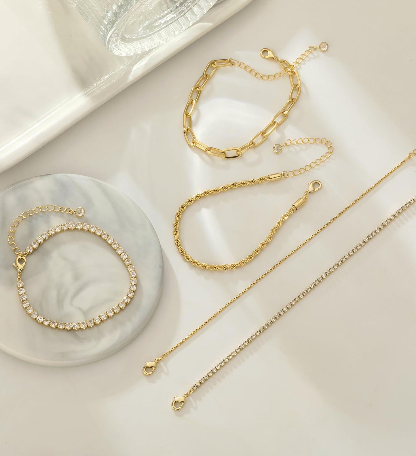 Gold Bracelets for Women 14K Gold Plated Stack Trend Bracelets Charm Paperclip Chain Cuban Link Layered Waterproof Bracelet Dainty Bracelet for Women Jewelry Gifts (Gold 5Pcs)