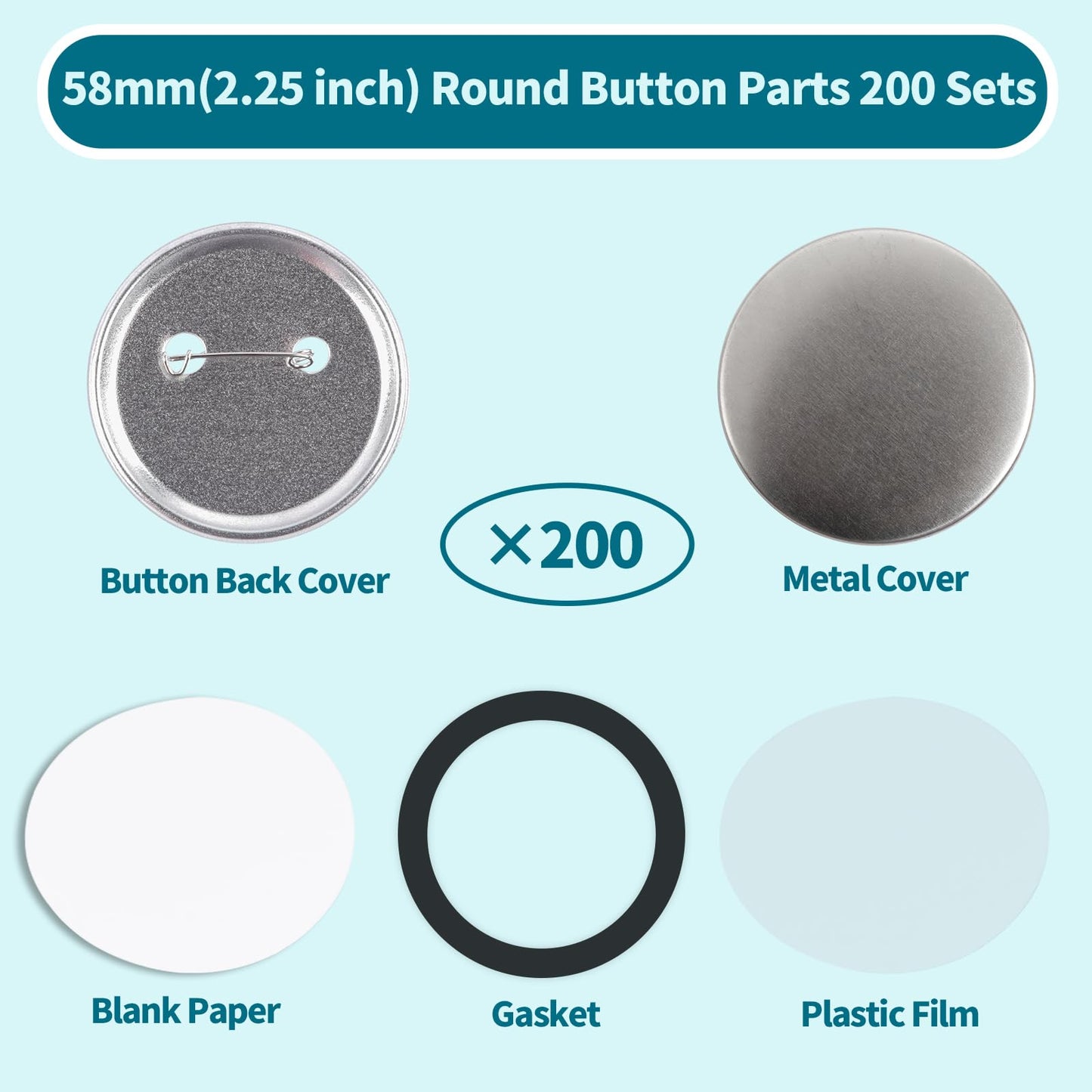 Happizza 200 Sets 58mm(2.25 in) Metal Round Button Supplies Buttons Making Parts, Pin Maker Parts Badge Supplies for ButtonsMaker, Including Metal Shells Back Cover, Clear Film&Blank Paper&Gasket