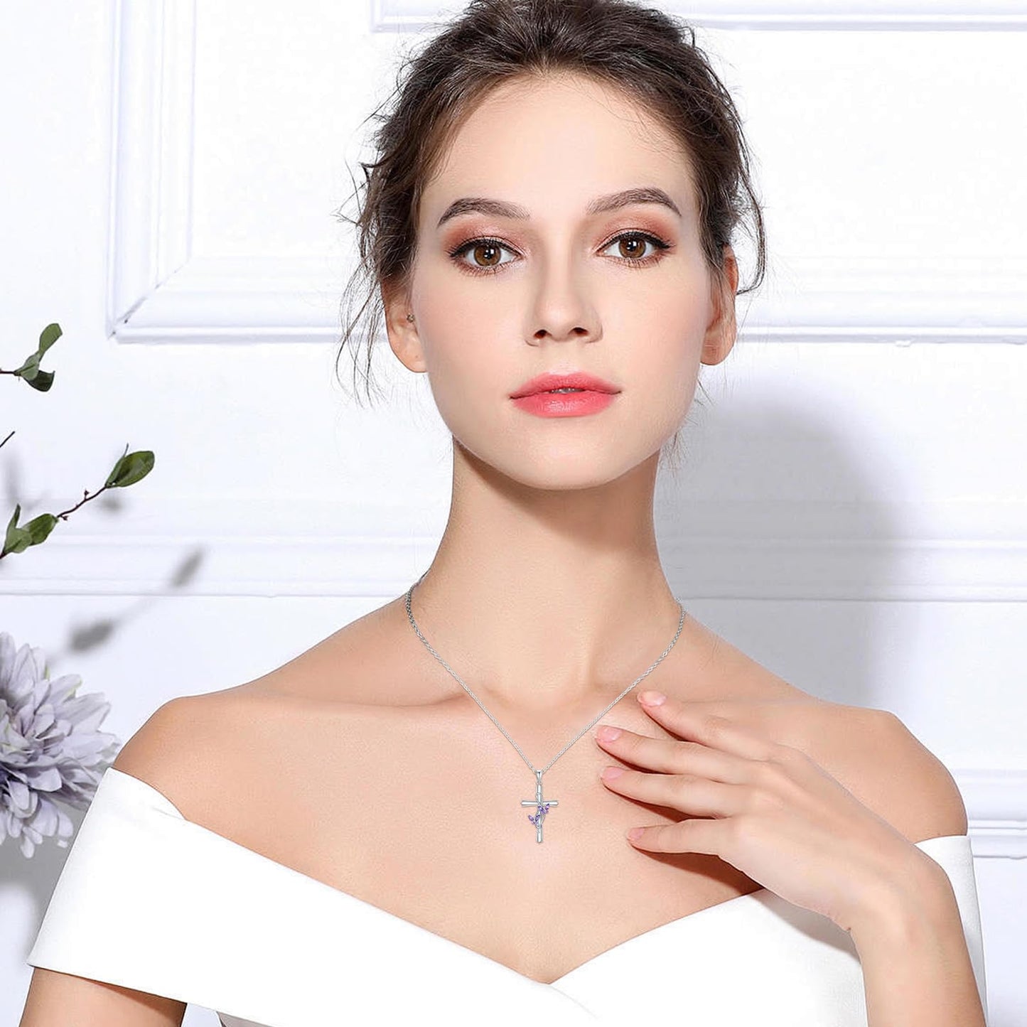 KoyeKei Butterfly Cross Necklace for Women 925 Sterling Silver Double Purple Butterfly Necklaces Christian Dainty Jewelry with Zircon Mothers Day Gifts for Mom Wife Lover