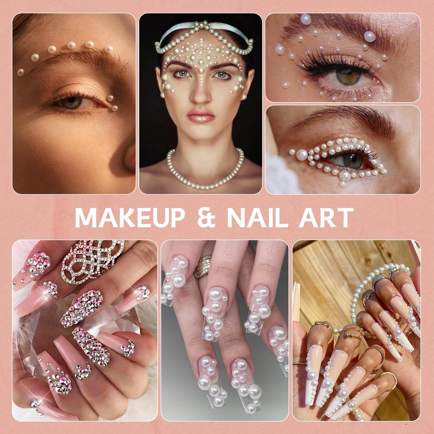 14000PCS Flatback Pearls and Gold Rhinestones for Bedazzling Kit, White Brown 3-10mm Resin Rhinestones and Half Pearls for Crafting, Nail Art Crafts Dec with 3pcs B7000 Jewelry Glue