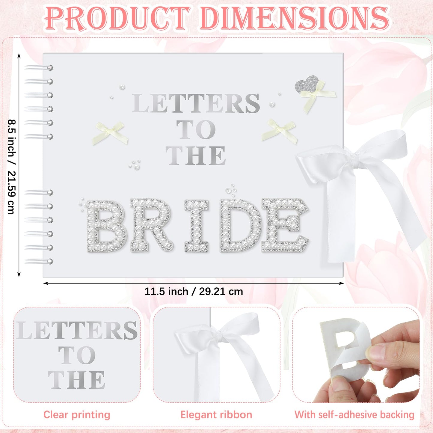 Fuyoooo 11.5 x 8.5 Inch Letters to the Bride Scrapbook Wedding Memory Book Bridal DIY Blank Paper Scrapbook Photo Album Guest Book Sign with Pearl Stickers, Metallic Letters, Bows (White)