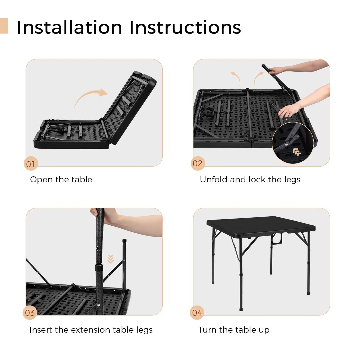 pollilar 34" Folding Card Table Square Foldable Table Plastic Portable with Detachable Legs, Dual Height Adjustable, Heavy-Duty Indoor Outdoor Dining, Game, Picnic, Mahjong Tables-Black