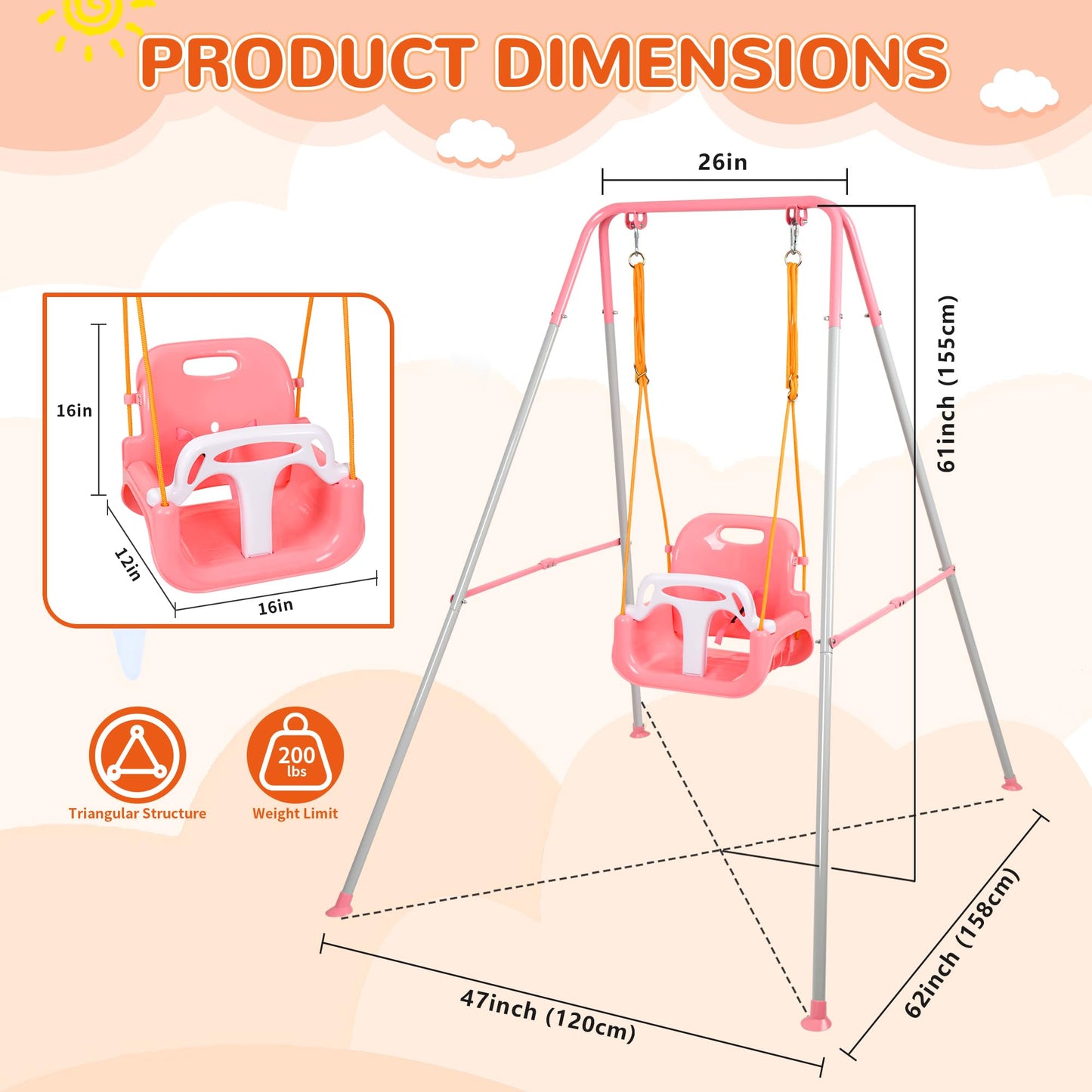 3-in-1 Toddler Swing Set, Indoor & Outdoor Baby Swing Heavy Duty Swing Set with Foldable Metal Stand for Aged 6 Months to 10 Years Old, Easy to Assemble and Store (Pink)
