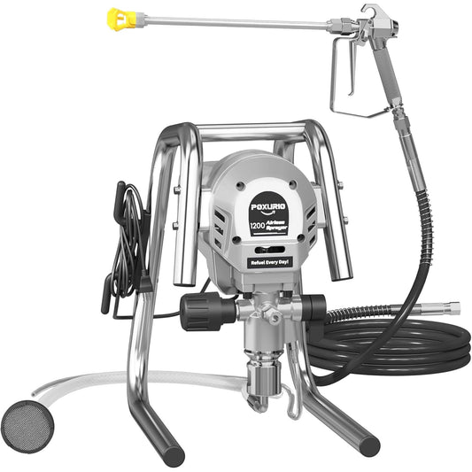 POXURIO 1200W Airless Paint Sprayer, 3300PSI High Efficiency Paint Sprayer Gun, Thinning-Free, with Extension Rod, Stand Airless Sprayer for Home Exterior and Interior, Garage, Deck, Furniture