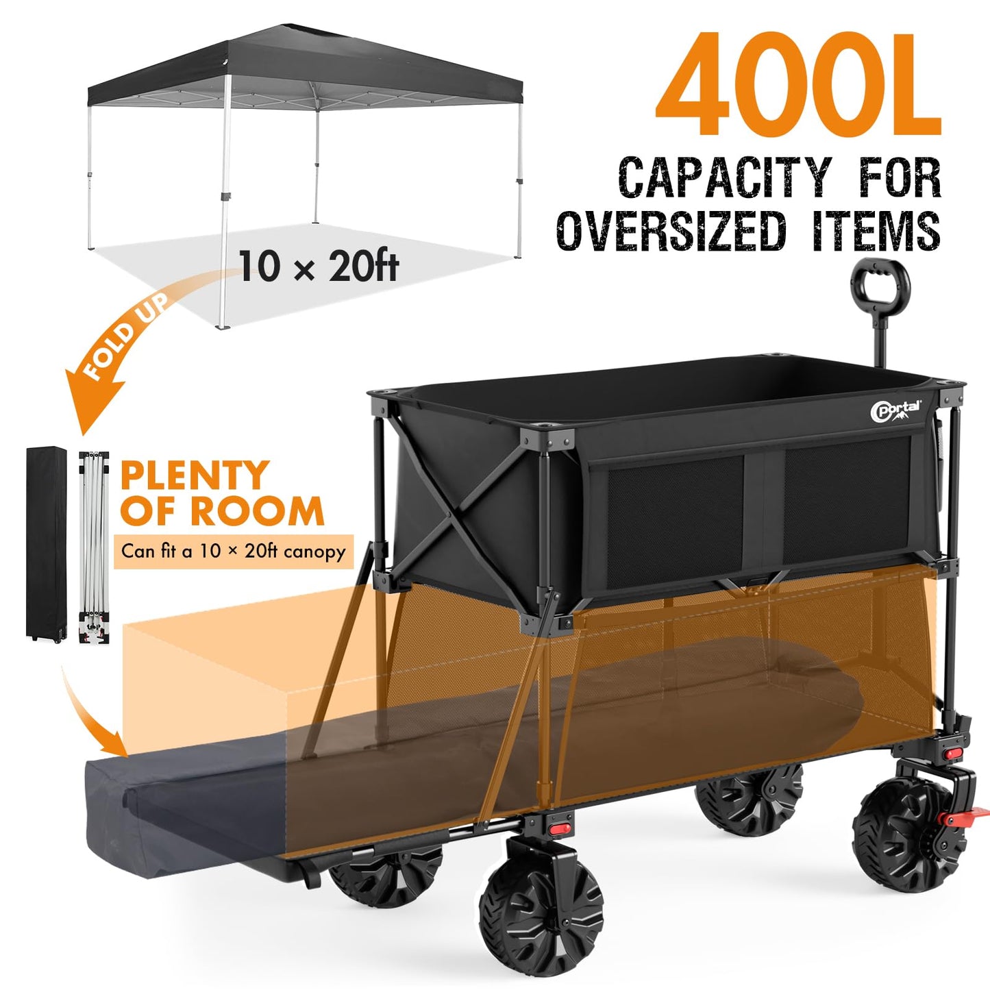 Portal Collapsible Large Double Decker Wagon with Brakes, 660lb Foldable Heavy Duty Utility Wagon Cart, 400L All-Terrain Big Wheels & 54" Extra Long Extender for Sports, Camping & Outdoor Use