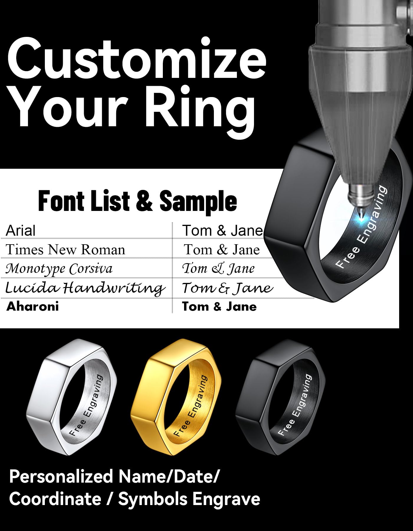 ChainsHouse Personalized Engravable Stainless Steel Black Hexagon Geometric Biker Ring Bands, Size 13