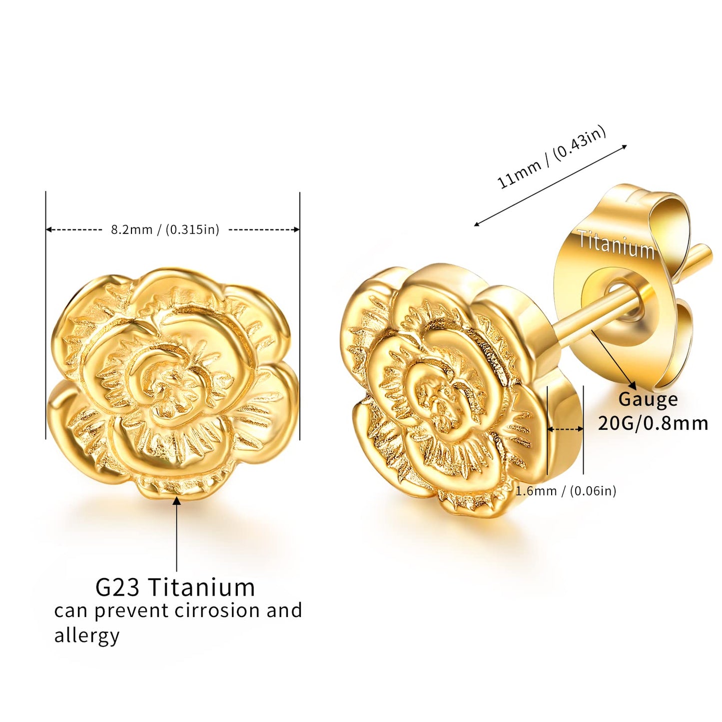 VOJO Implant Grade G23 Titanium Stud Earrings for Sensitive Ears Post Pierced Cartilage Lobe Earring Stud for Women (Silver ROSE)