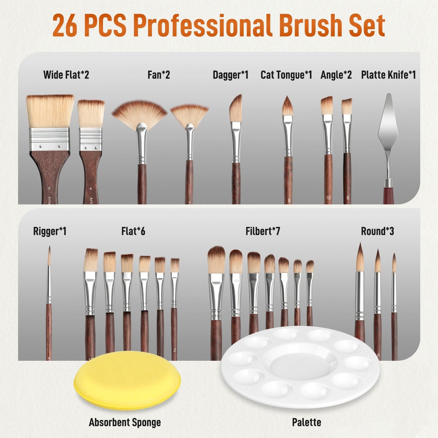 TOOGE 26pcs Acrylic Paint Brush Set: Travel Watercolor Oil Paint Brushes Case Professional Blending Brush Holders and Organizer for Artists Gouache Face Painting with Paint Palette Knife Filbert Brush