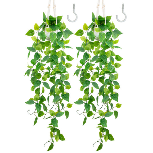 LOYWREE 2 Pack Artificial Hanging Plant Kit with Pot and Hanger - 39" Long Fake Pothos Vines - Hanging Potted Faux Plant Indoor for Wall Ceiling Bedroom Bathroom Living Room Home Decor (White Pot)