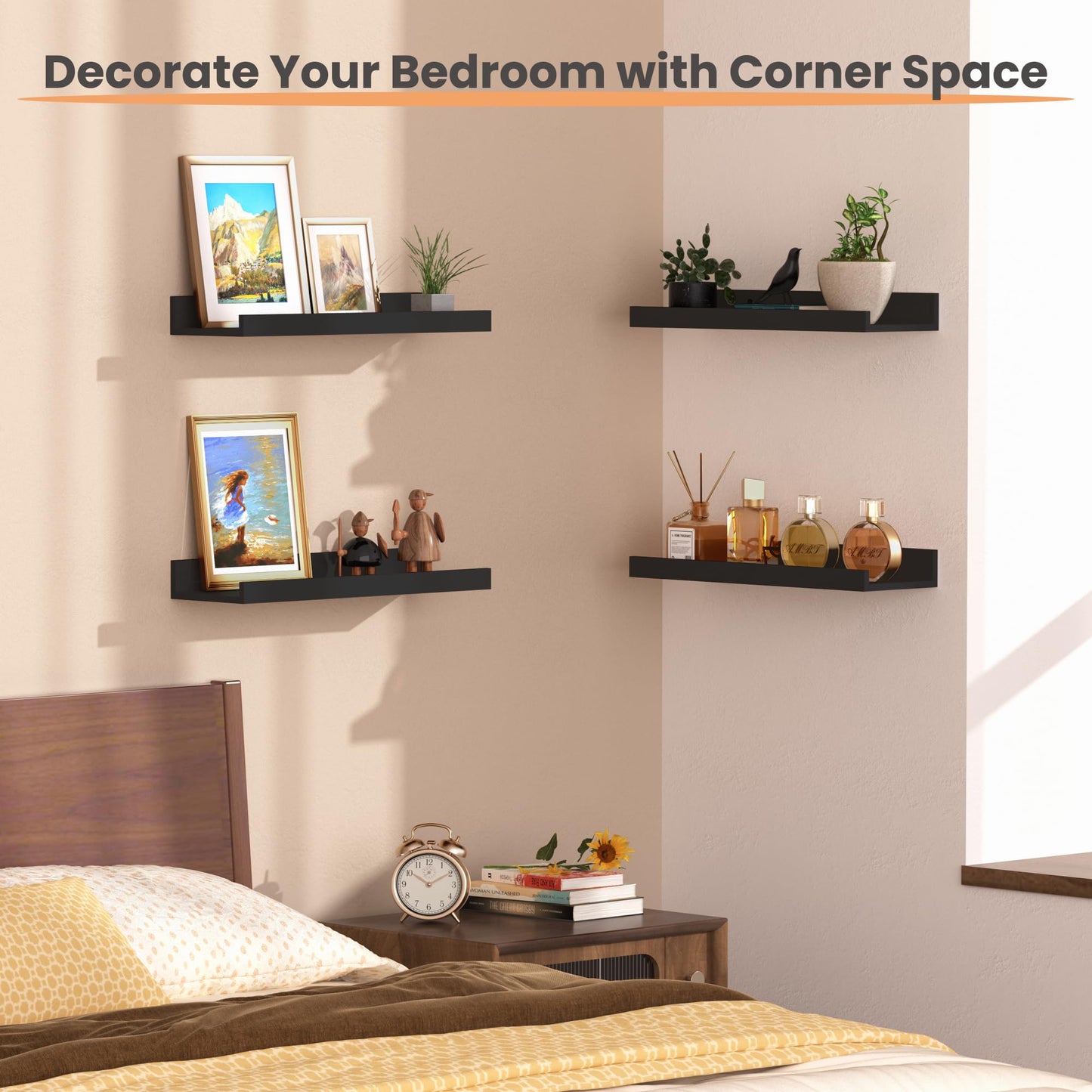 upsimples Floating Shelves for Wall, Wall Shelves for Decor Storage Set of 6, Wall Mounted Wood Shelf for Bedroom, Living Room, Bathroom, Kitchen, Picture Ledge Shelf, Black