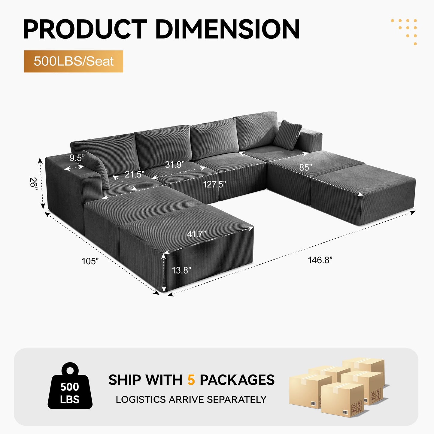WUTUTUEE 146'' Oversized Boneless Sofa Bed, 4 Seater Modular Sectional Couch with 4 Moveable Ottoman, No Asswmbly Corduroy Compression Sofas with Chaise for Home House, Grey