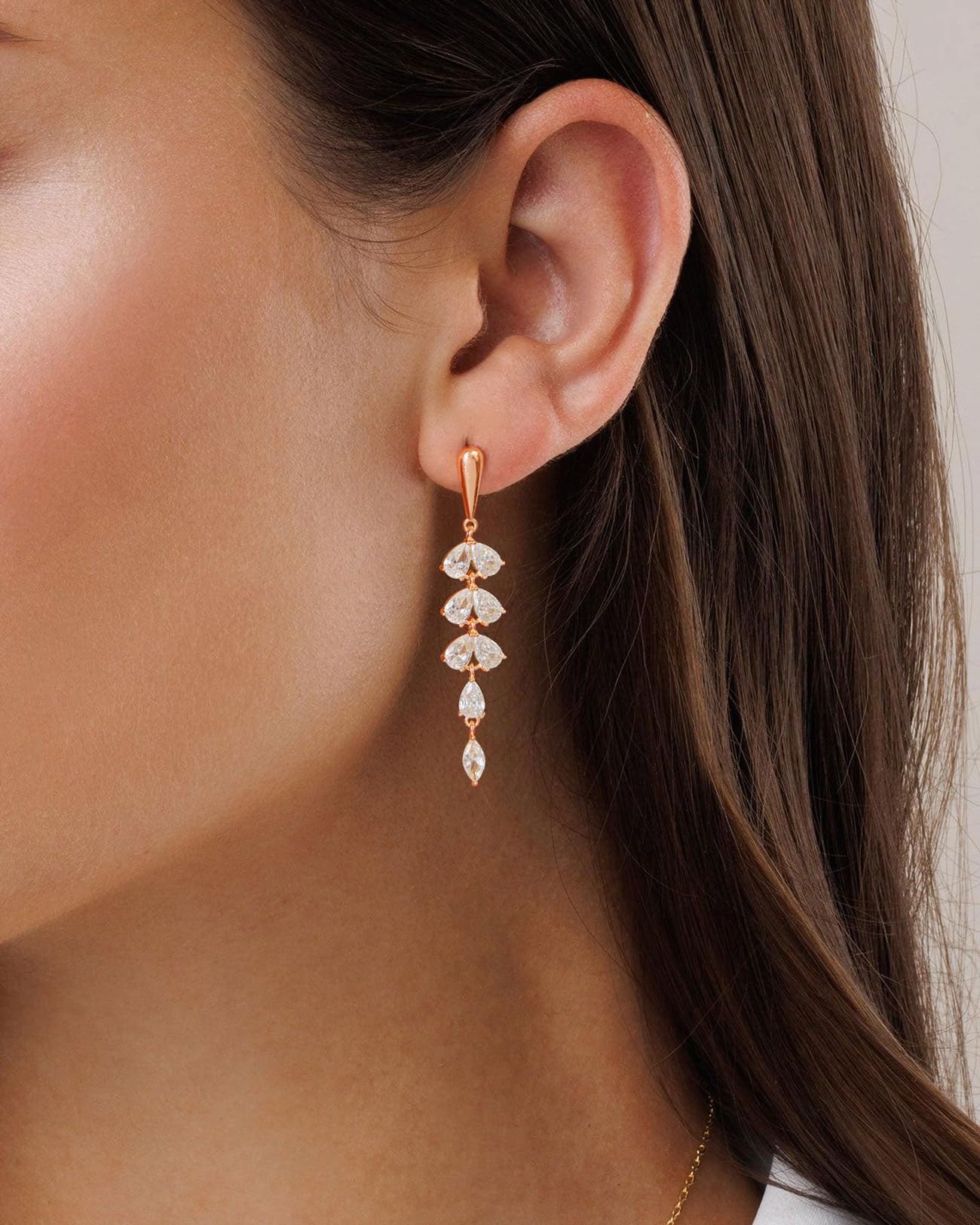 PRTGL Dangle Earrings for Women - 14K Rose Gold Plated Cubic Zirconia CZ Dangle Wedding Earrings for Women Bridal Bridesmaid