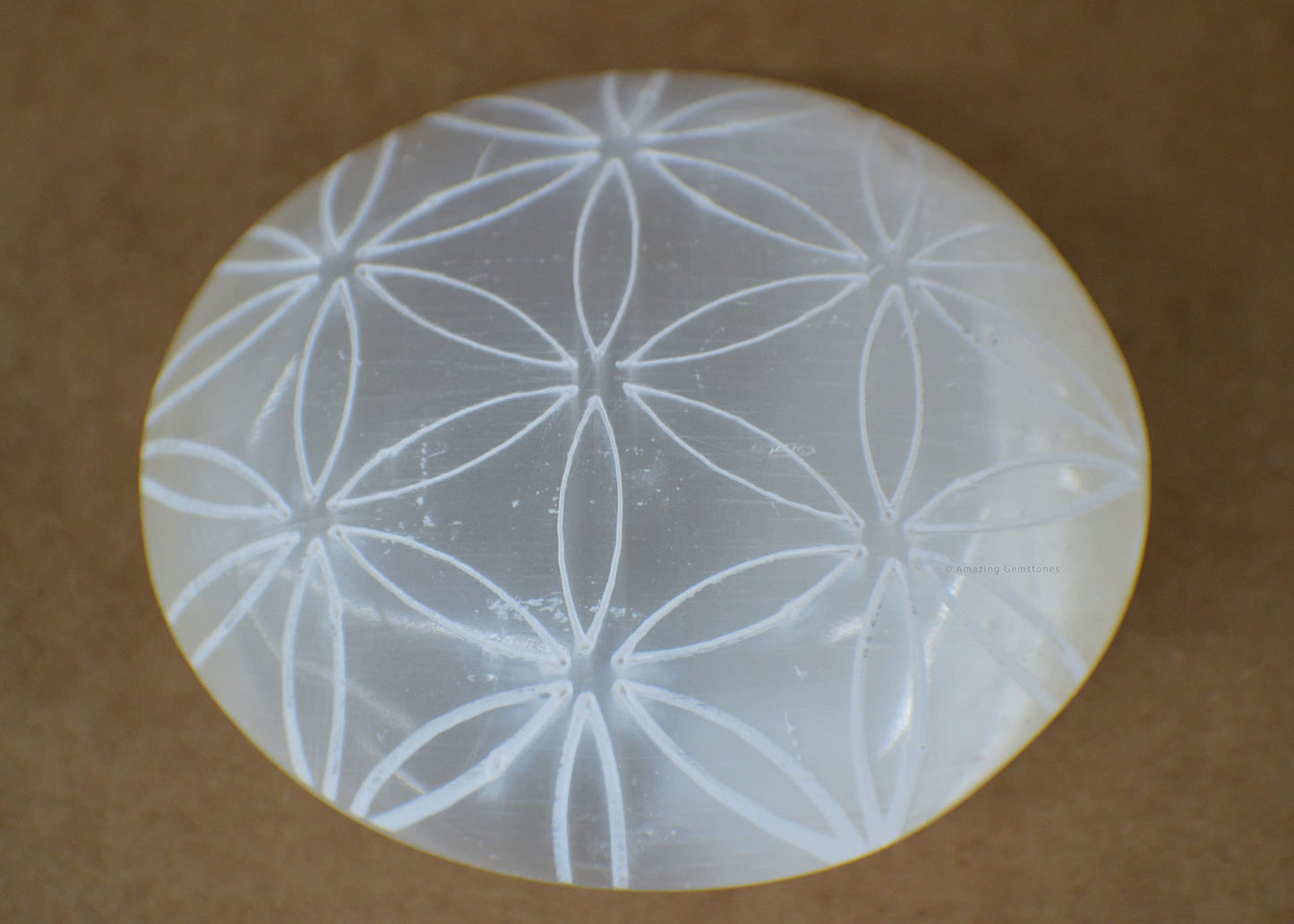 Amazing Gemstone Selenite Palm Stone - Flower of Life Engraved Hot Massage Worry Stone for Natural Body Chakra Balancing, Reiki Healing and Crystal Grid