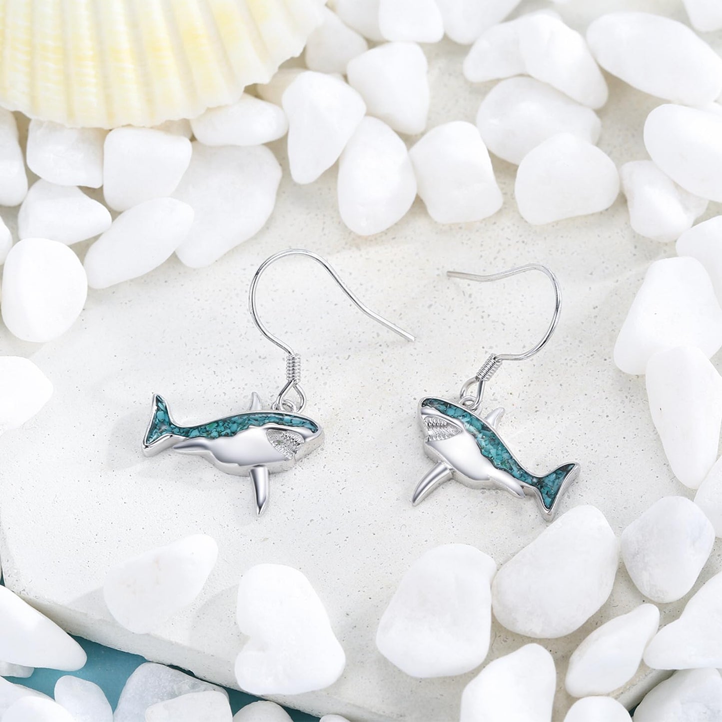 Shark Earrings for Women 925 Sterling Silver Turquoise Shark Dangle Drop Earrings Beach Themed Jewelry Ocean Gifts for Girlfriend Mom
