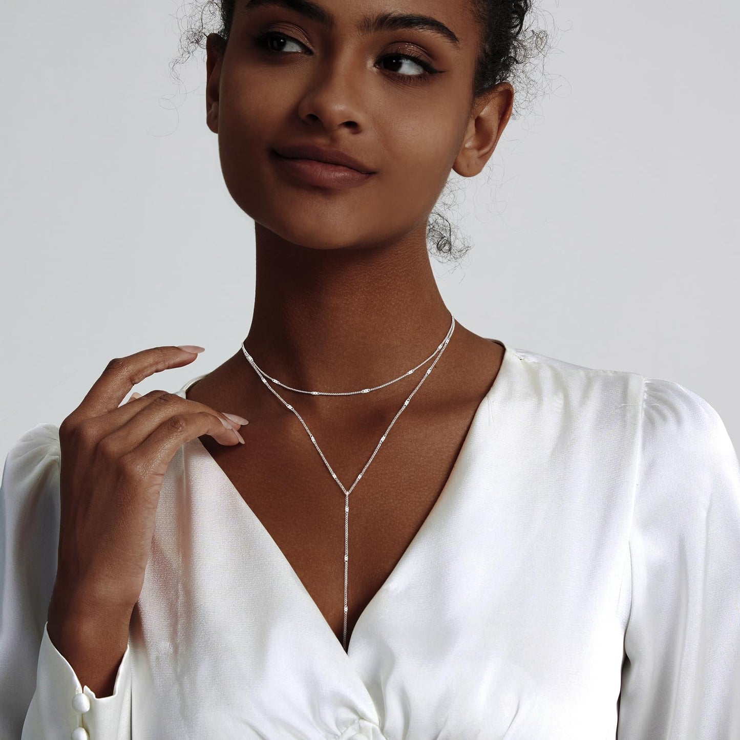 HERIER Silver Layered Necklace for Women Dainty Silver Plated Long Necklace Y-Shaped Drop Chain Necklaces Trendy Simple Jewelry for Women Gifts
