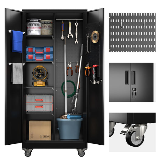 Broom Closet Storage Cabinet with Wheels and Pegboard,Metal Garage Storage Cabinet with Doors and Adjustable Shelves for Garage Home,Required Assembly,Black