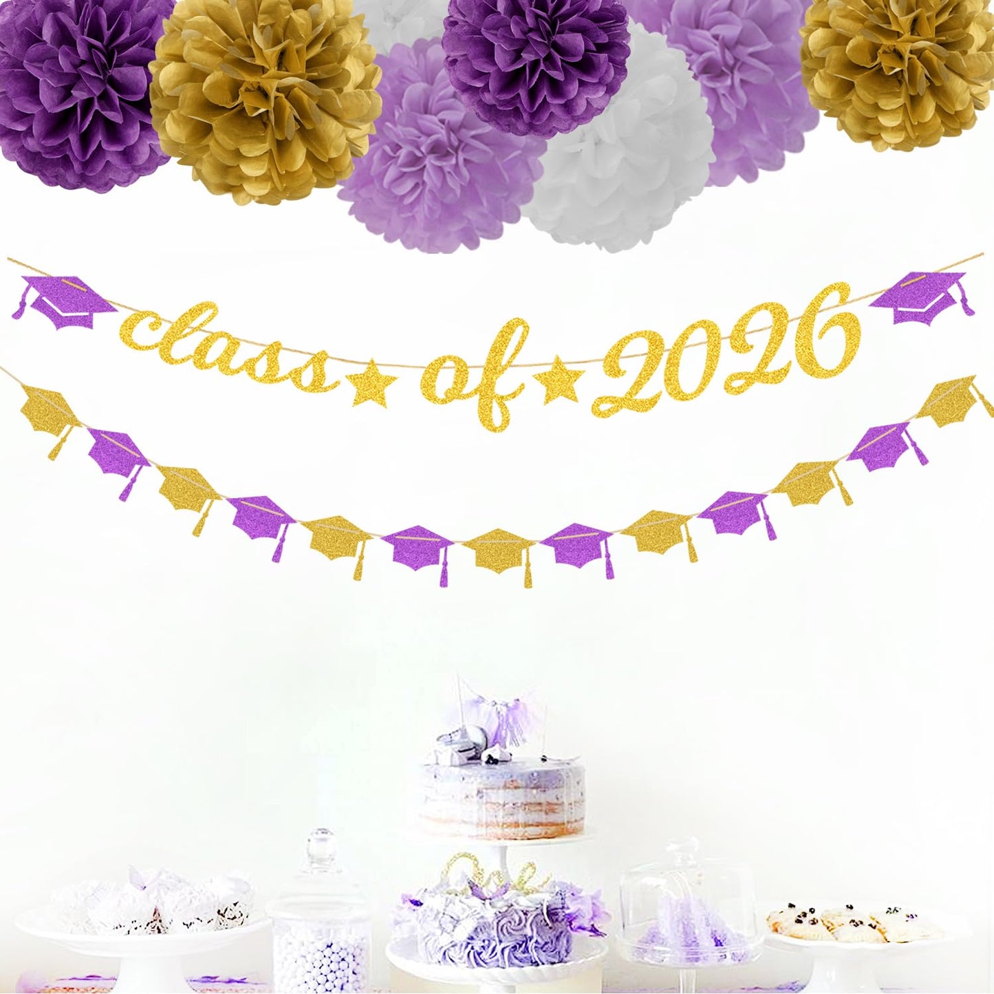 Purple White-Gold Party-Decorations Graduation Banner - 8pcs Kits Class of 2026 Cap Garland Streamers, Paper Tissue Pom Poms Flowers, Congratulations Grad Decor Lasting Surprise