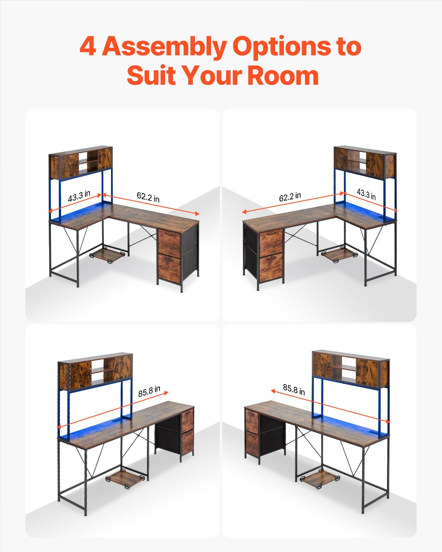 VEVOR L-Shaped Gaming Desk with LED Lights, 62.2-inch Reversible Corner Computer Desk with Power Outlets, Movable CPU Stand & Storage Drawers, Modern Stylish PC Gaming Table for Home Office