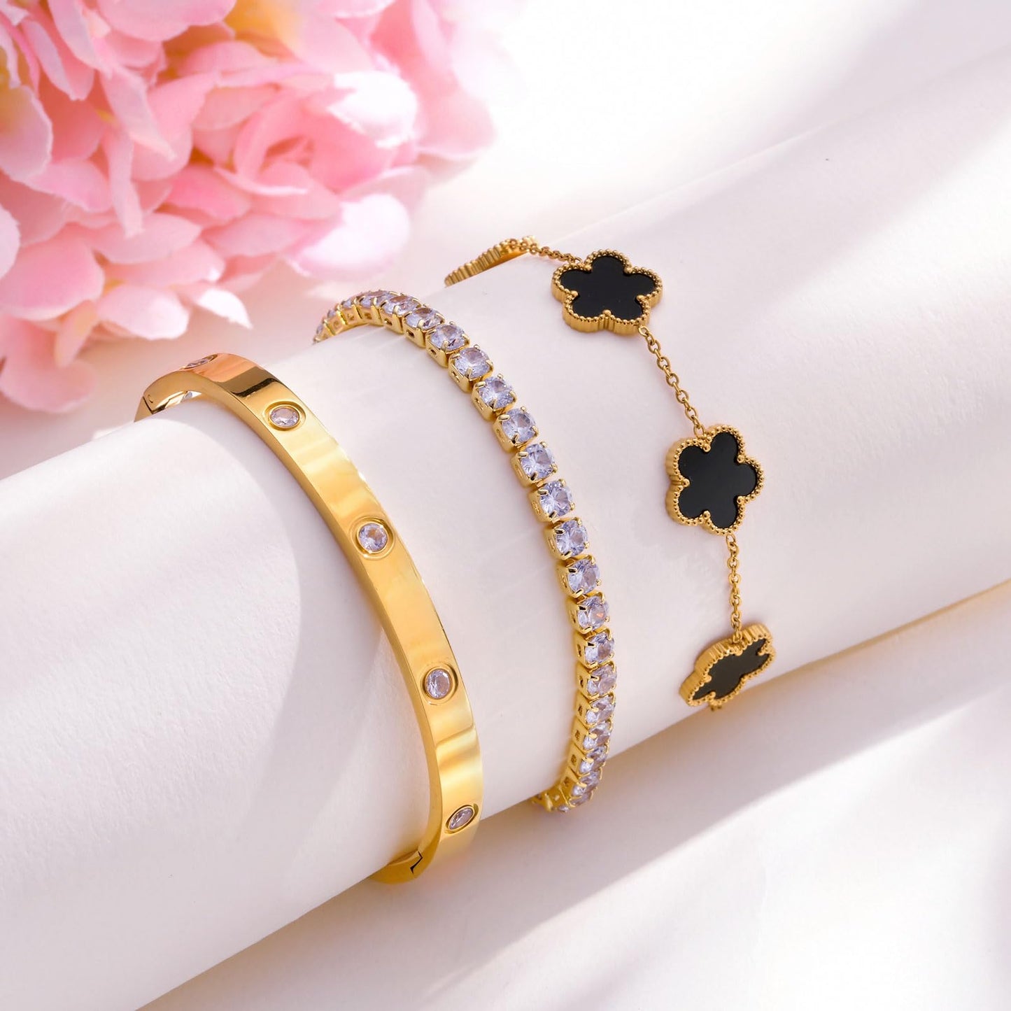 MPRAINBOW Womens Stackable Floral Bracelets, 3Pcs 18K Gold Plated Bracelet,Stainless Steel Bangle Chain Non Tarnish, Bracelet Set Trendy Jewelry,Christmas Valentines Birthday Gift for Girlfriend