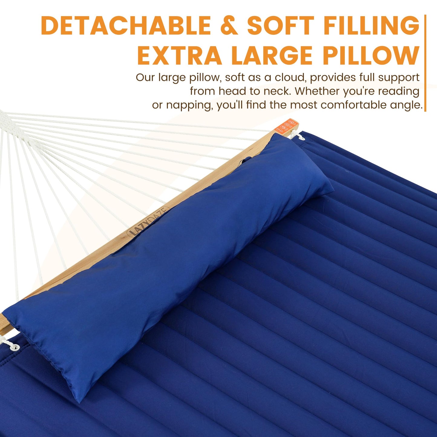 Lazy Daze Hammocks 2 Person Double Quilted Fabric Hammock with Spreader Bar, Detachable Pillow, Side Pocket, Carabiners, Chains, Straps for Outdoor, 450lbs Capacity, Navy Blue