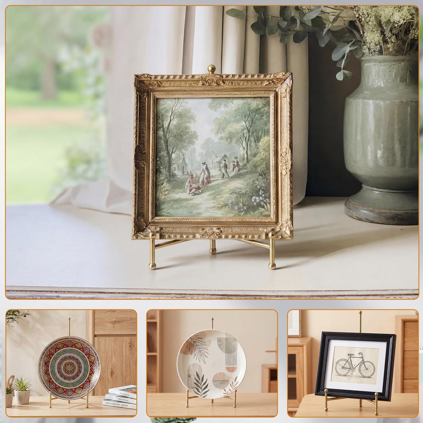 Gerrii 3 Pcs 12 10 8 Inch Gold Easel Stand Picture Frame Stands for Display Metal Tripod Easel Plate Display Stands Photo Standing Metal Holder for Picture, Book, Photo, Creation, Collectibles