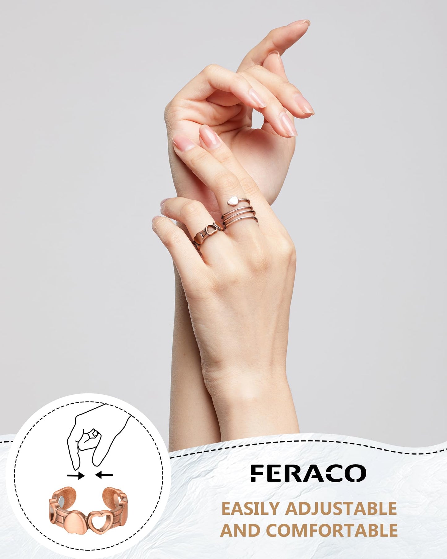 Feraco 2PCS Copper Rings for Women,99.99% Pure Cooper Magnetic Thumb Ring with Magnet,Lymphatic Jewelry Gifts for Womens