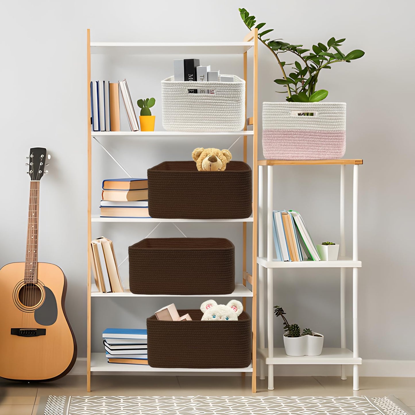COMFY-HOMI 3 pcs Large Storage Baskets for Shelves, Laundry Basket, Woven Rope Basket, Closet Organizer Bins for Clothes Blanket Towels, Baby Nursery, Gift Toy Baskets, 17” x 13” x 7.5”-Dark Brown
