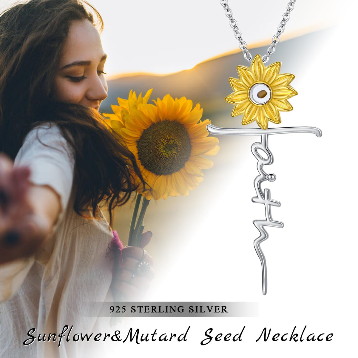 Suiknsn Mustard Seed Necklace 925 Sterling Silver Sunflower Faith Pendant Necklace Christian Jewelry Gifts for Women Girlfriend