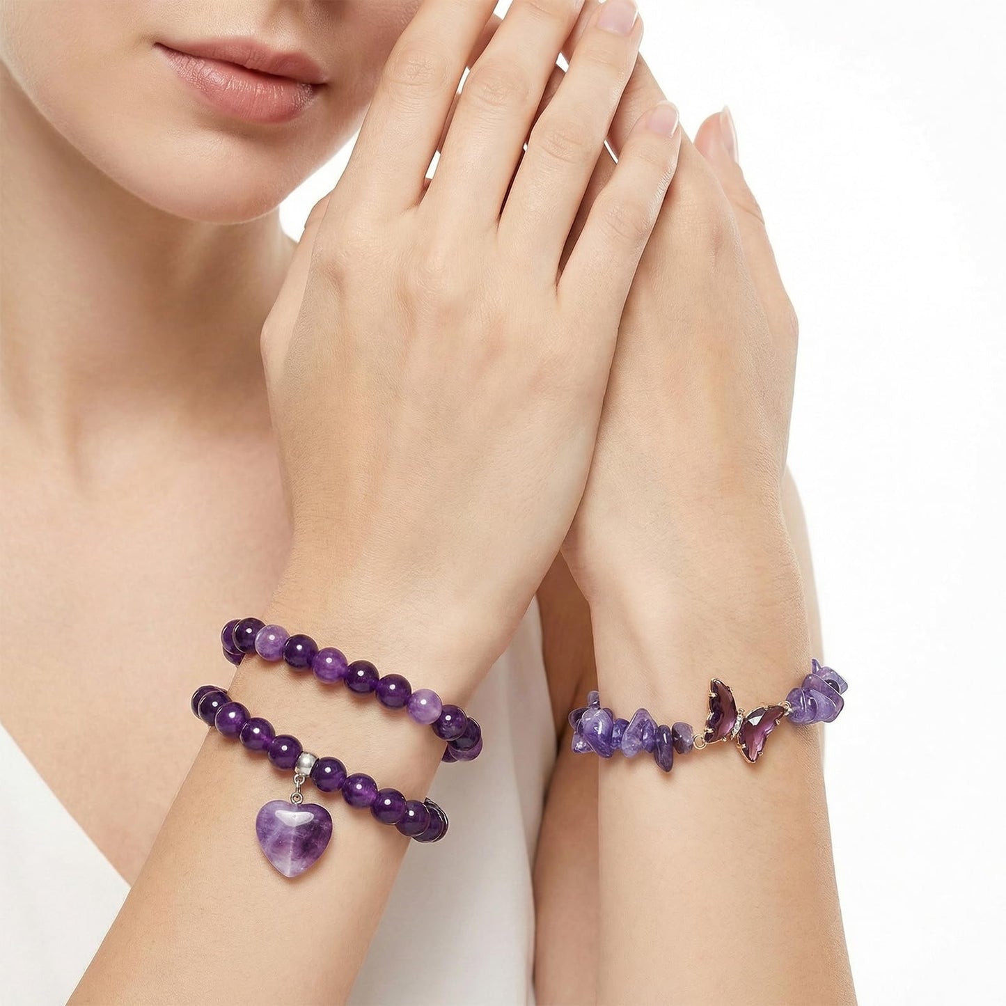 Sdfvsdg Healing Crystal Beaded Bracelet for Women Amethyst Gemstone Anxiety Stress Relief Charm Bracelet Butterfly Heart Charm Healing Stone Jewelry Gifts for Birthday Mothers Day Valentine