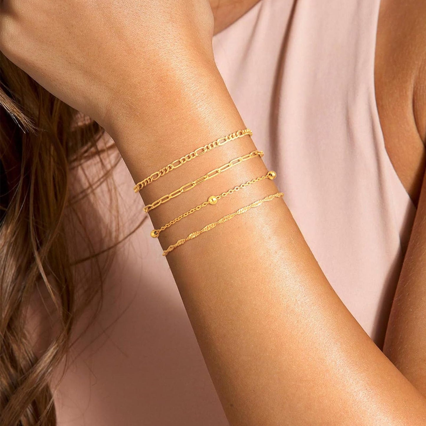Gold Bracelets for Women, Dainty 14K Gold Plated Bracelet Stack for Women Trendy CZ Tennis Paperclip Cuban Chain Stackable Adjustable Waterproof Link Bracelet Jewelry Set Fashion Accessories Gifts