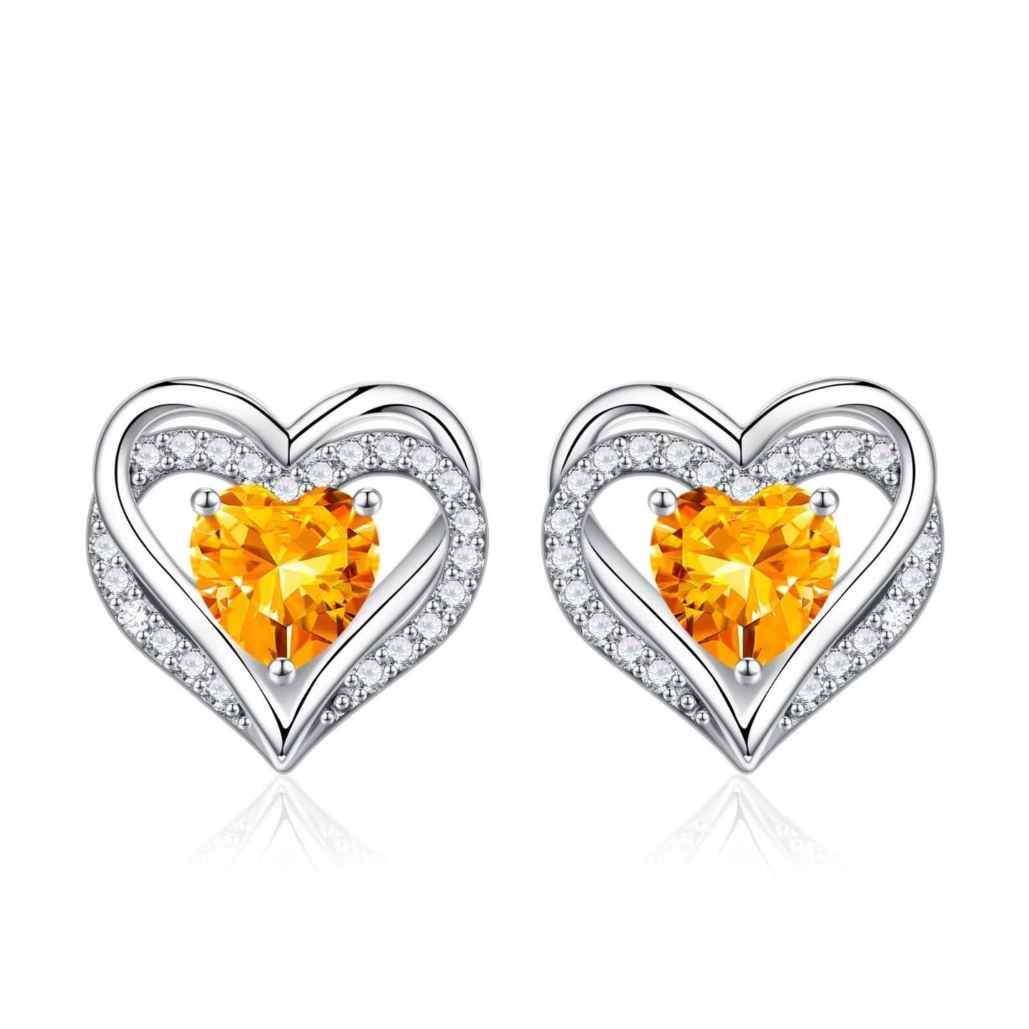 Iefil Birthstone Earrings for Women, 925 Sterling Silver November Birthstone Yellow Citrine Heart Stud Earrings for Women