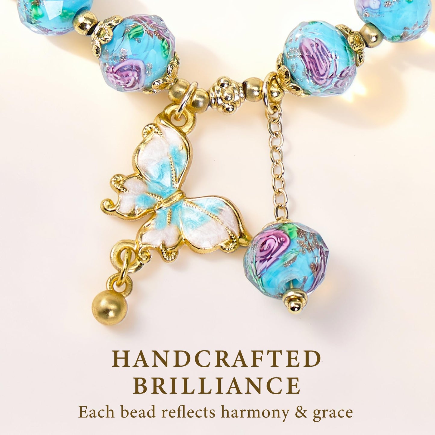 Buddha Stones Blue Butterfly Charm Bracelet for Women, Liuli Flower Healing Bracelet with 8mm Floral Beads, Pastel Stretch Bracelets Jewelry Gifts for Her Mother