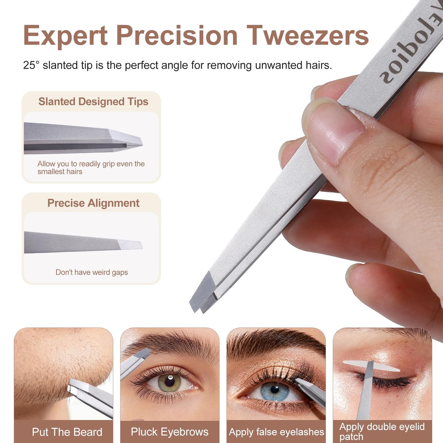 Velodios Tweezers for Eyebrows, Pointed Tweezers for Women Facial Hair, Ingrown Hair Removal, Slanted and Pointed Tip Tweezers Set with PU Travel Case, Premium Stainless Steel