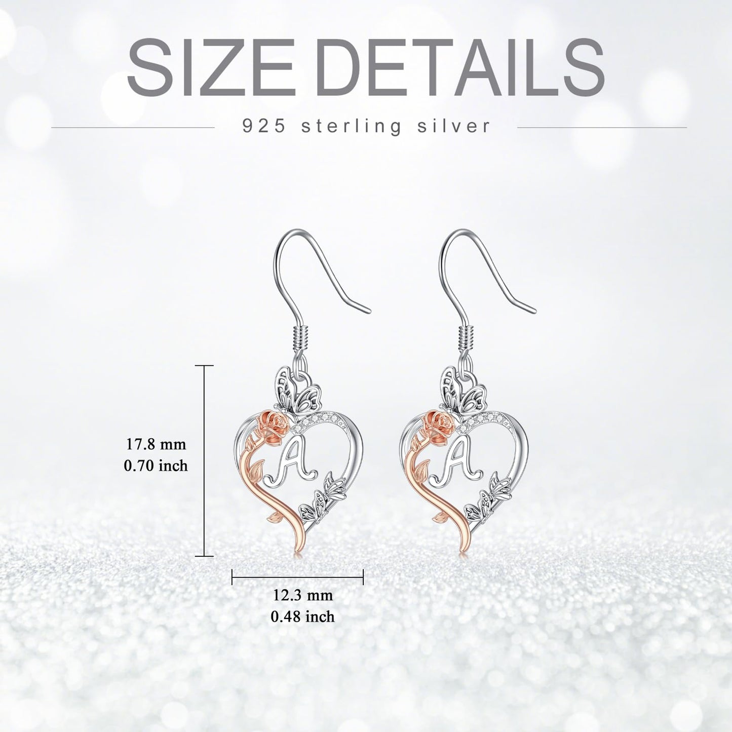 TOUPOP Rose Heart Initial Earrings Sterling Silver Butterfly Earring Initial A Letter Drop Dangle Earrings Jewelry Anniversary Birthday Mothers Day Gifts for Women Mom Wife Girlfriend Her